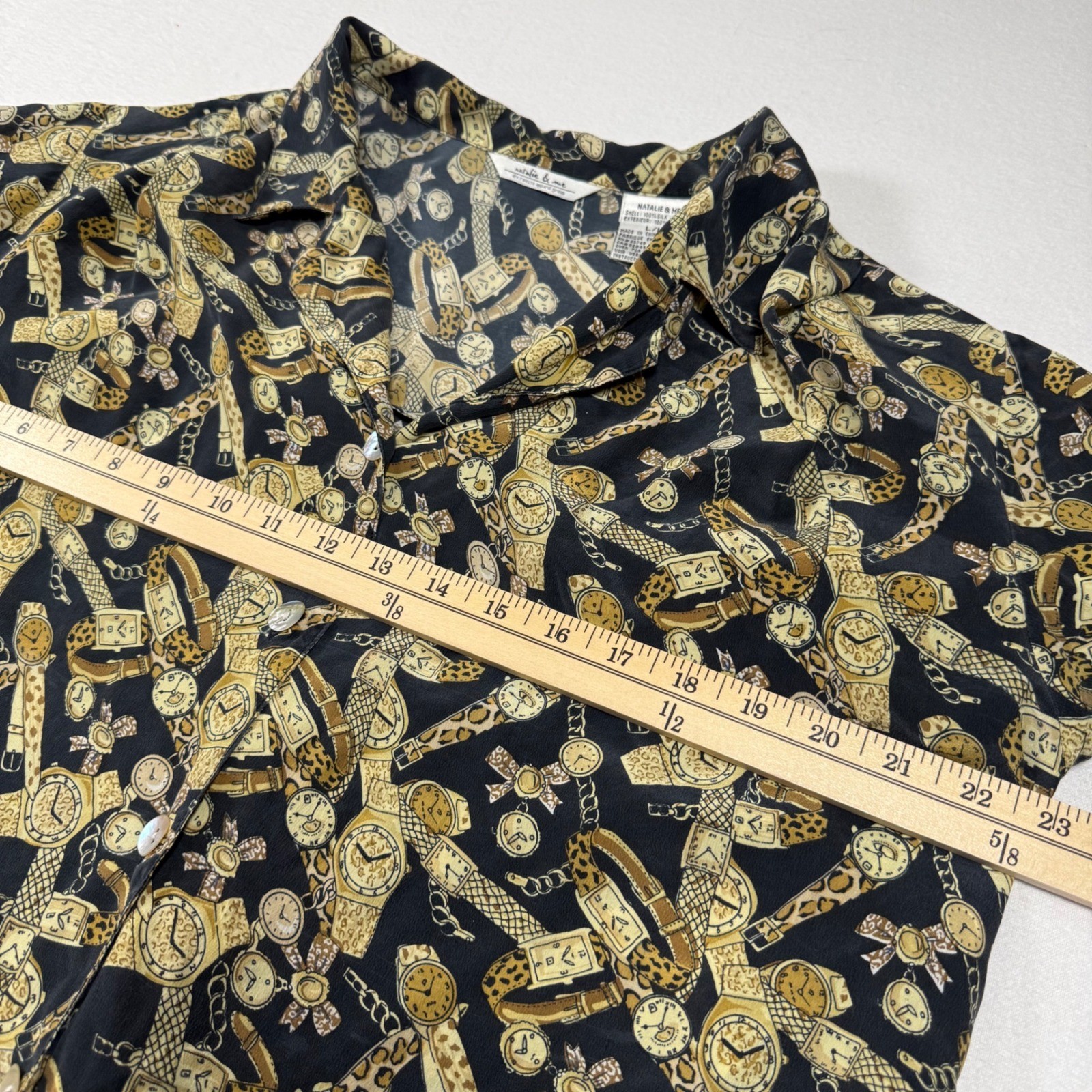 Natalie & Me Vintage 100% Silk Watch leopard Print Button Shirt Large Black 90s