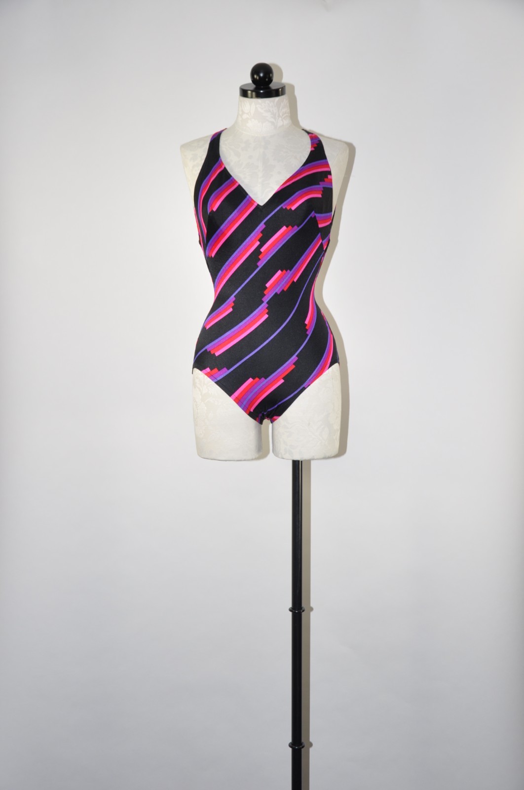 60s Rose Marie Reid Purple Striped Racerback Backless One Piece Swimsuit Women S