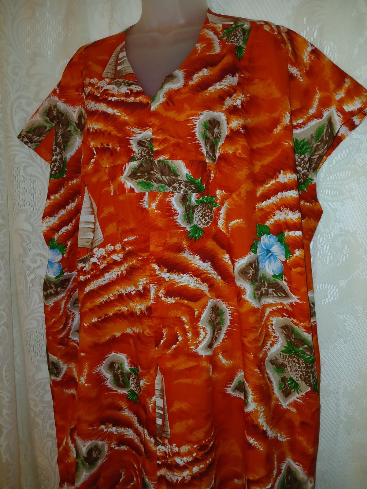 Vintage 70s Hawaiian Islands Pineapple Orange Muumuu Caftan Dress Tiki Oasis S/M