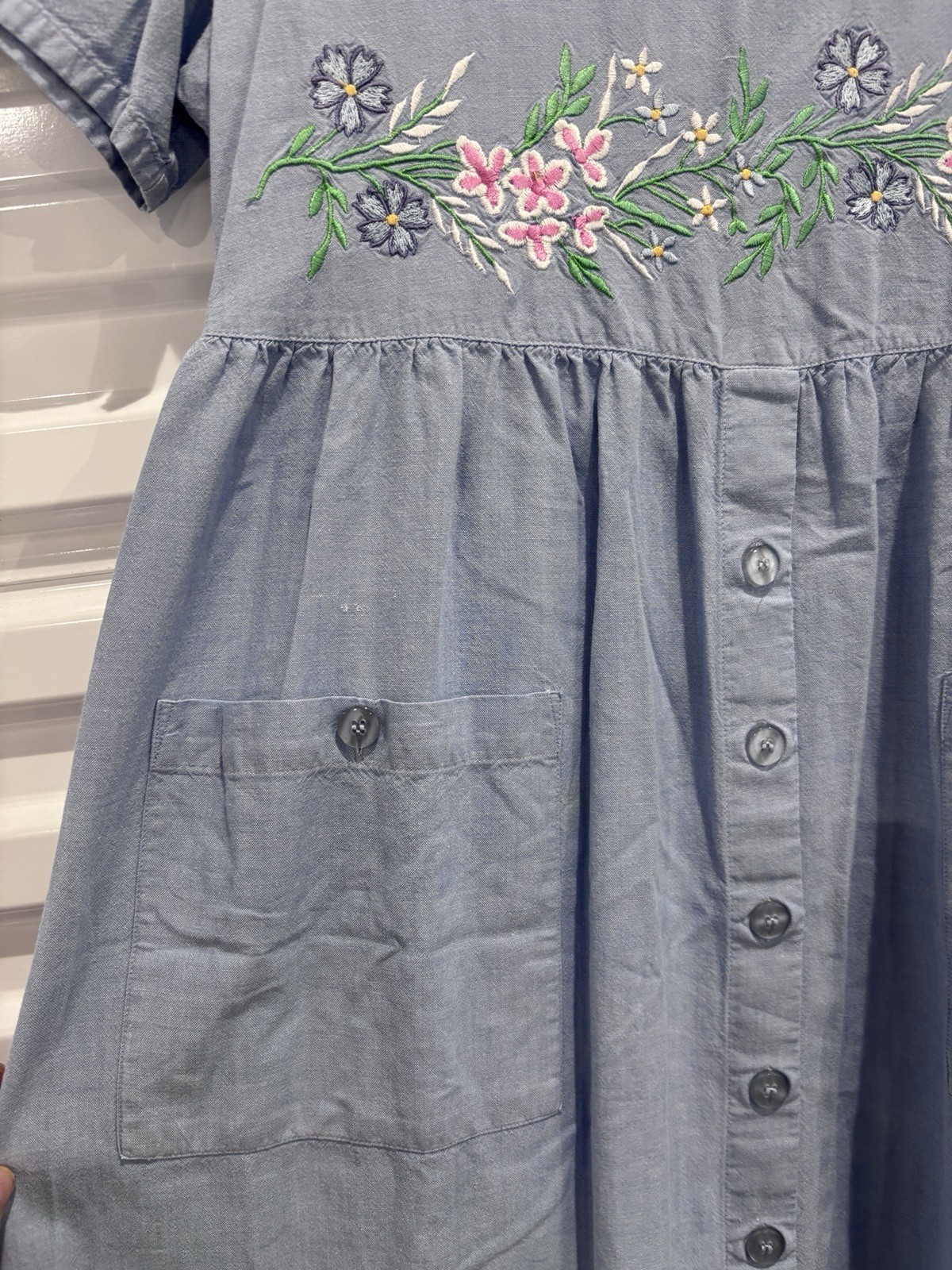 VTG 90s Amanda Stewart Chambray Floral Embroidered Dress Size S Cottage Core USA