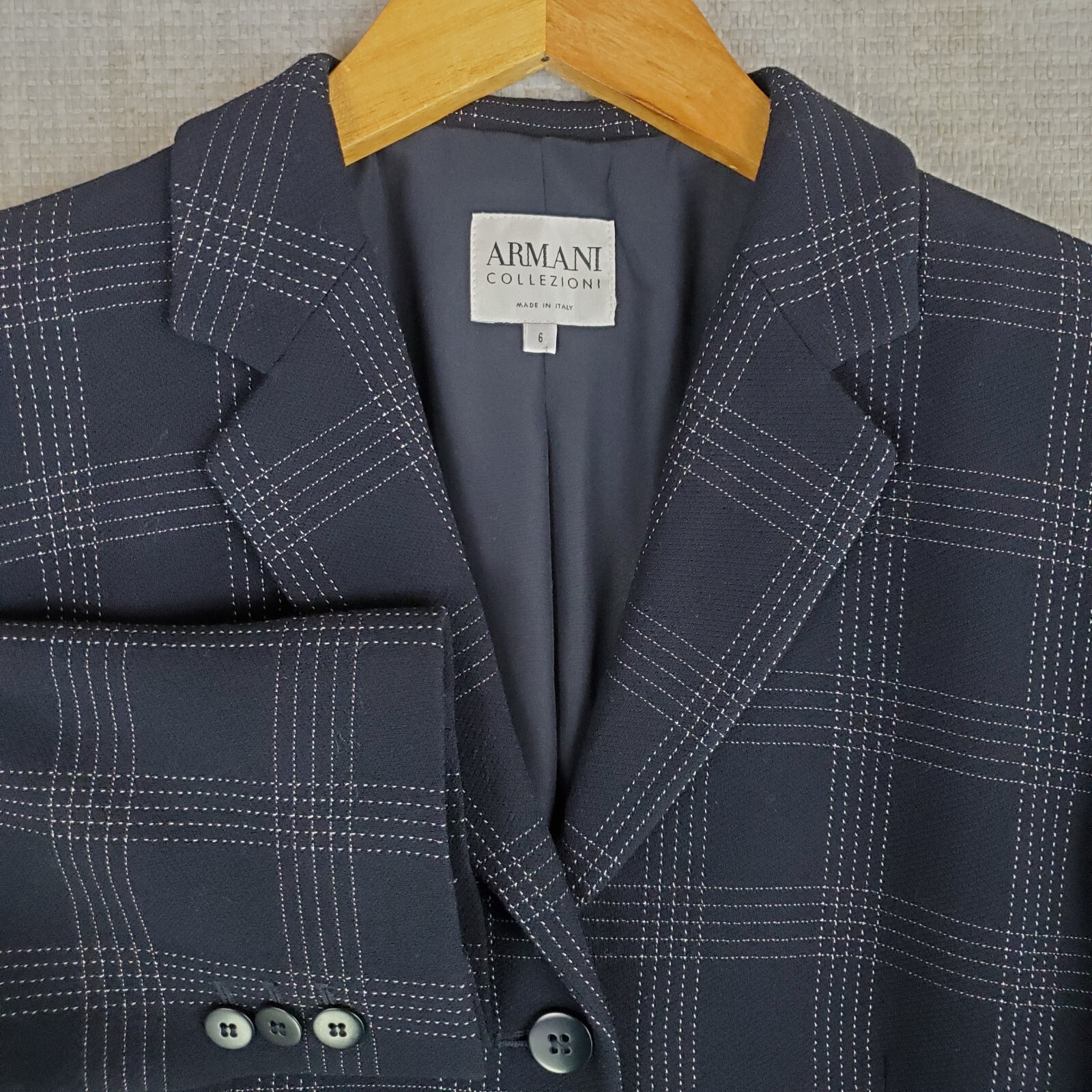 ARMANI COLLEZIONI Womens Size Small 6 Italy Made Black Plaid Wool Blazer Jacket