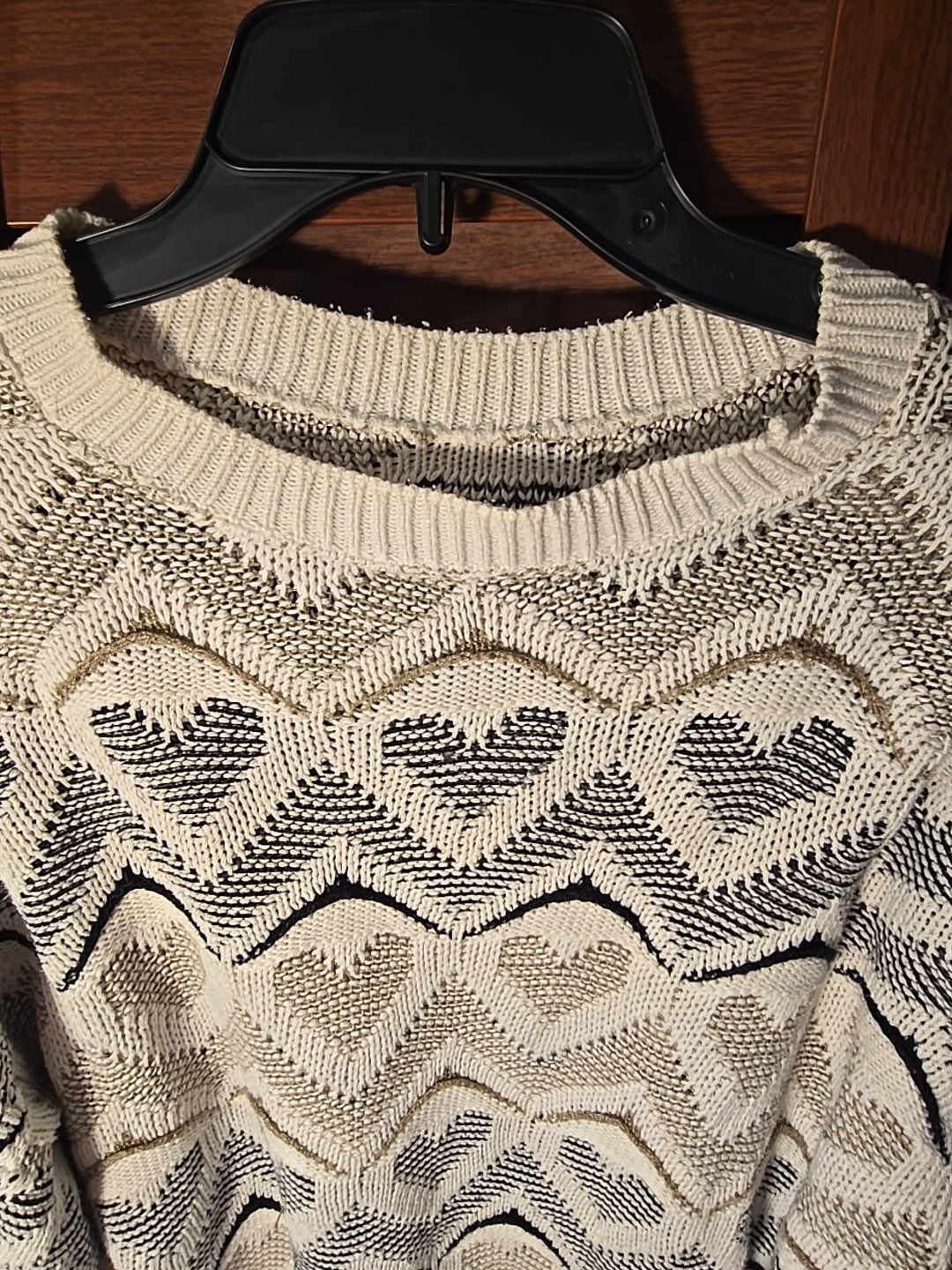 Vintage 80s Heart Knit Sweater Size XL Cream Gold & Black Distressed Pullover