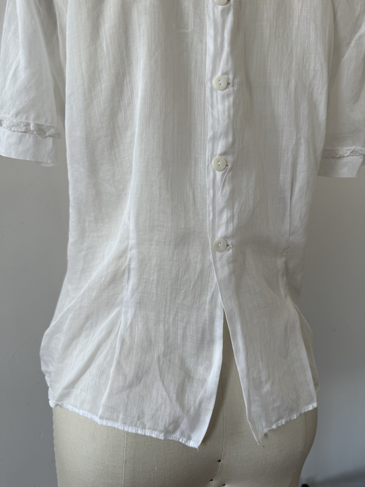 Antique Edwardian 1910s Sheer While Cotton Voile Blouse Embroidered Lace Panels