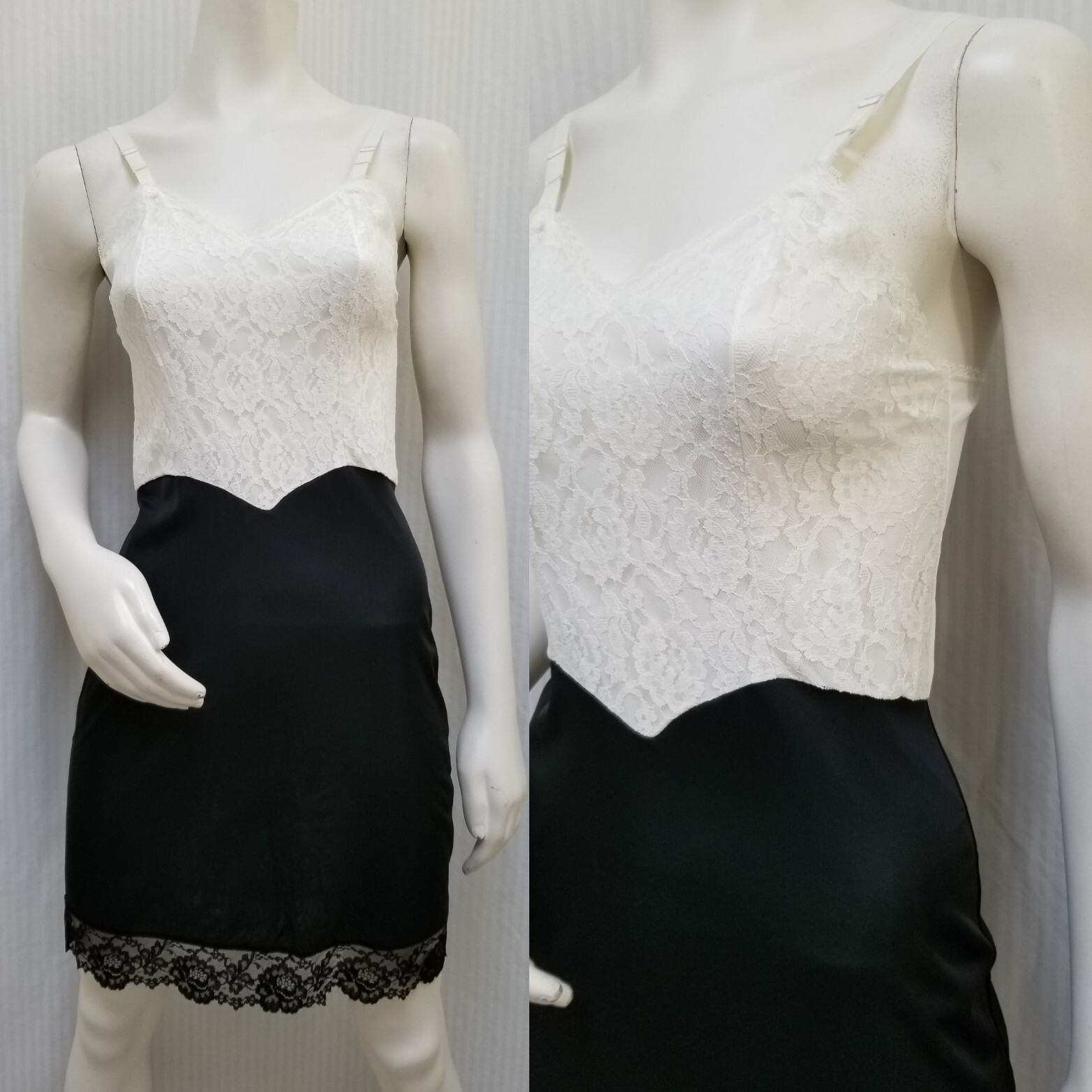 Vintage 1950’s DEENA Black Nylon & White Lace Full SLIP PIN-UP – Size XS – EUC