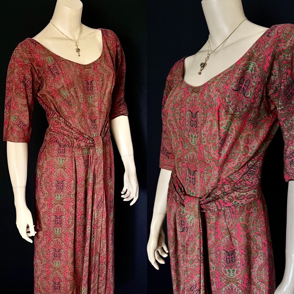 Elegant 1950s Silk Paisley Dress, Swagged Waist, Red, Olive Green, Small, As Is