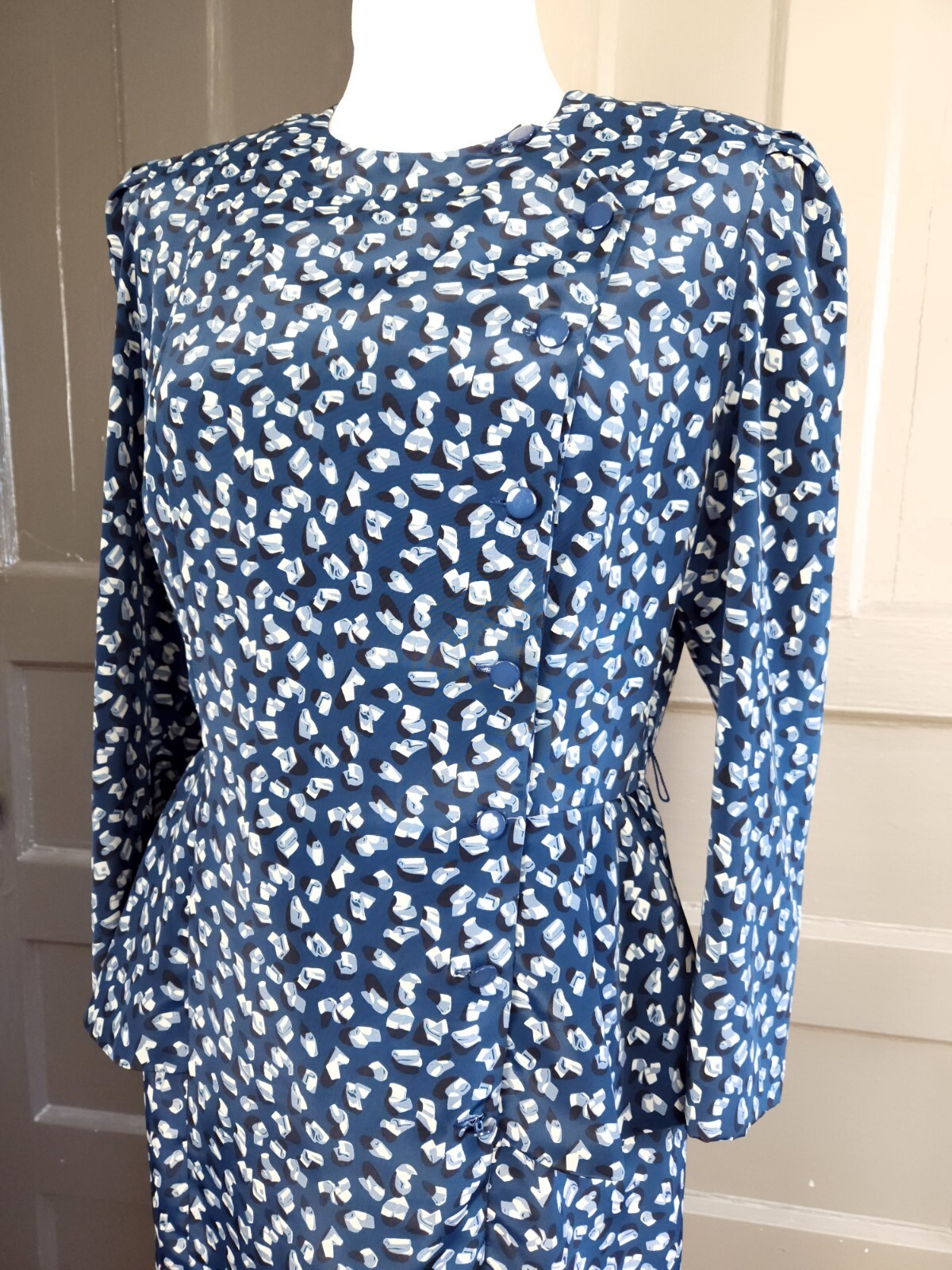 Liz Roberts Petites Vintage Marine Blue Abstract Peplum Dress 80s Women’s Medium