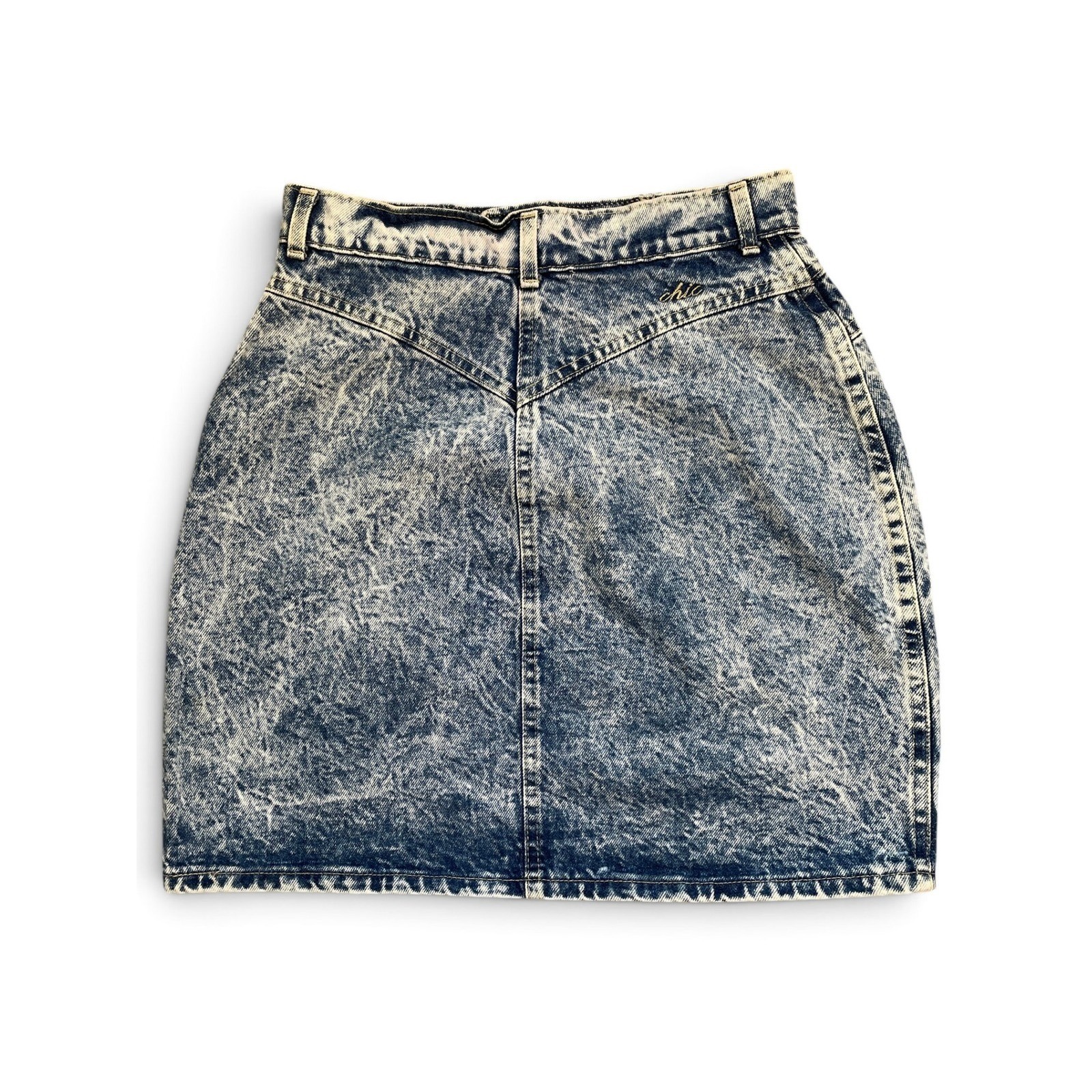 Vtg 80s Chic by HIS Acid Wash Denim Mini Skirt High Waist Jean Made in USA W26