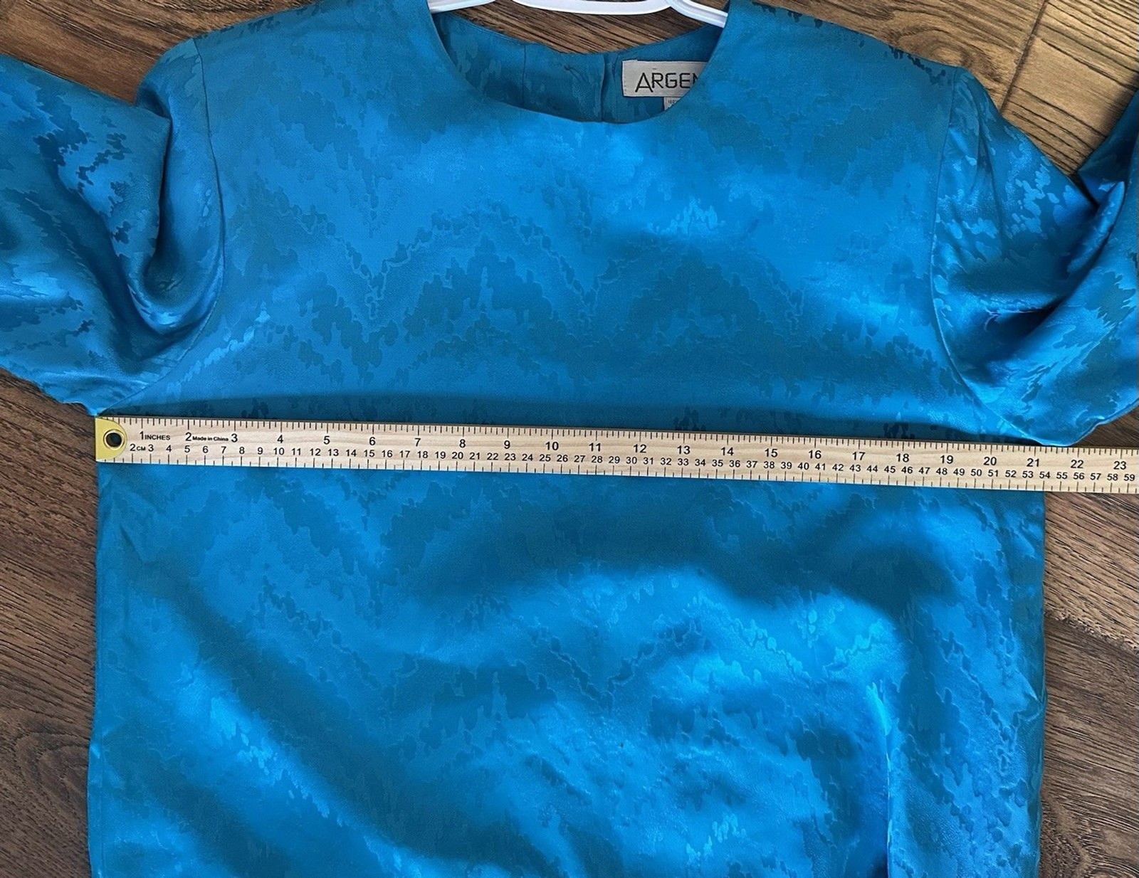 Vintage Argenti Pure Silk Teal Jacquard Dress Ruched Side Knot Size 12 43″ Midi