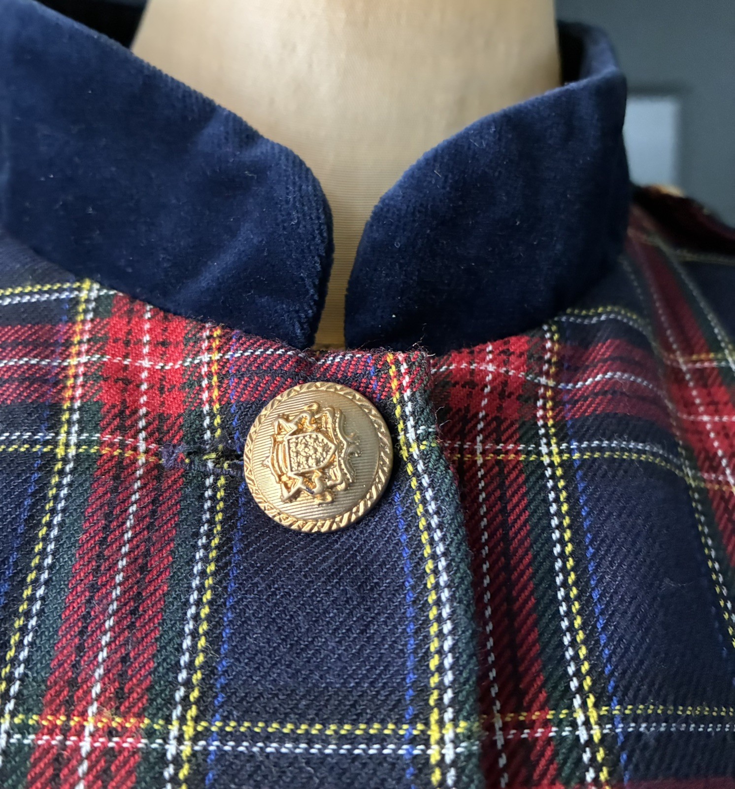 Vintage Laura Plaid 100% Cotton Dress Velvet Collar Gold Buttons USA 80s Sz 14