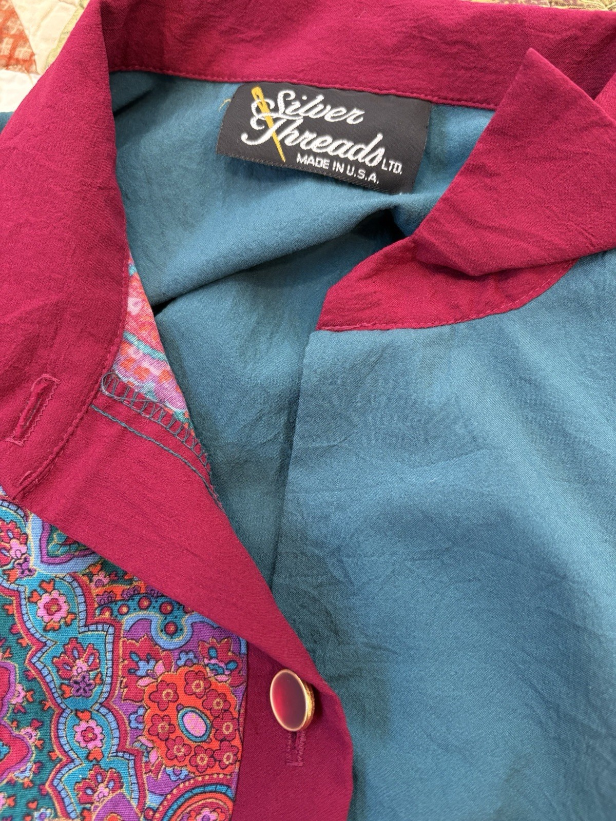 vintage Silver Threads Ltd. button-up shirt vibrant teal and paisley pattern