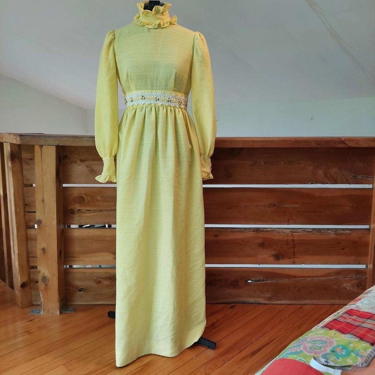 Vintage 1970s yellow homemade long sleeve dress with lace and ruffle details.