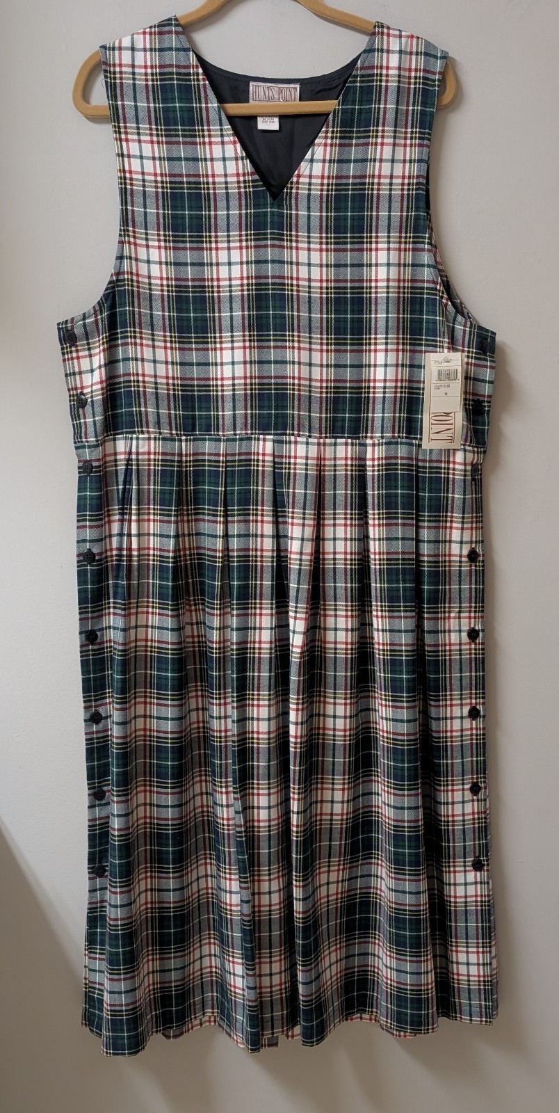 Hunts Point Ivory Green Red Tartan Plaid Vtg Deadstock Jumper Side Buttons 16
