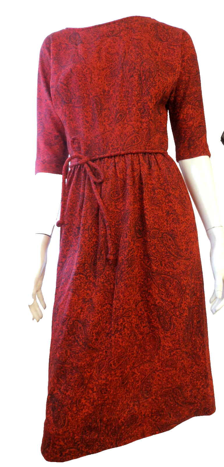 60s Dress Holiday Paisley Red Orange Light Wool Blend Mid Century David Crystal