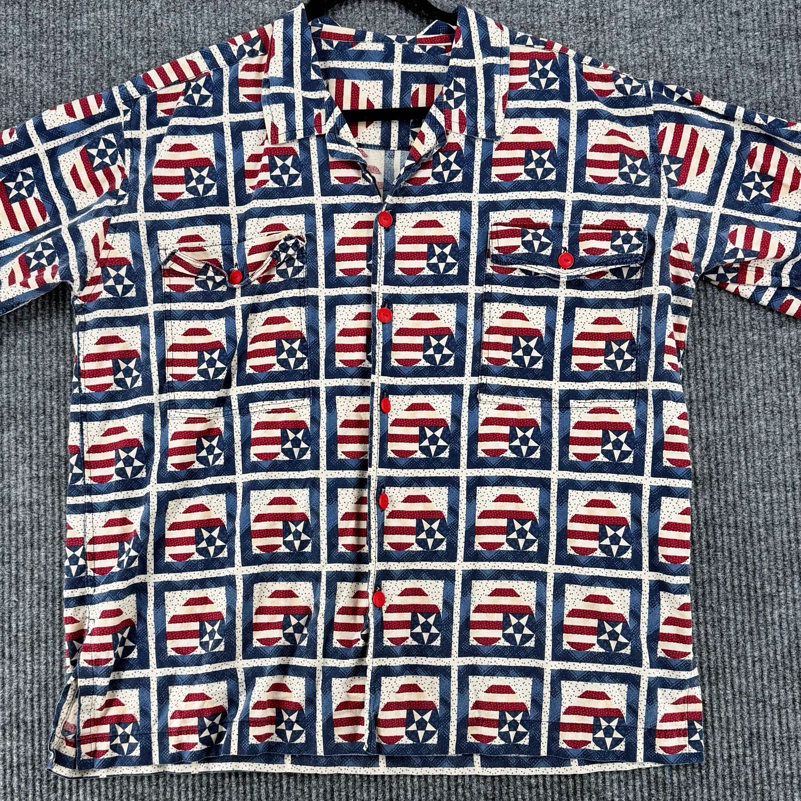Vintage Handmade Quilt Shirt Men XL USA Flag Patchwork Americana Folk Art