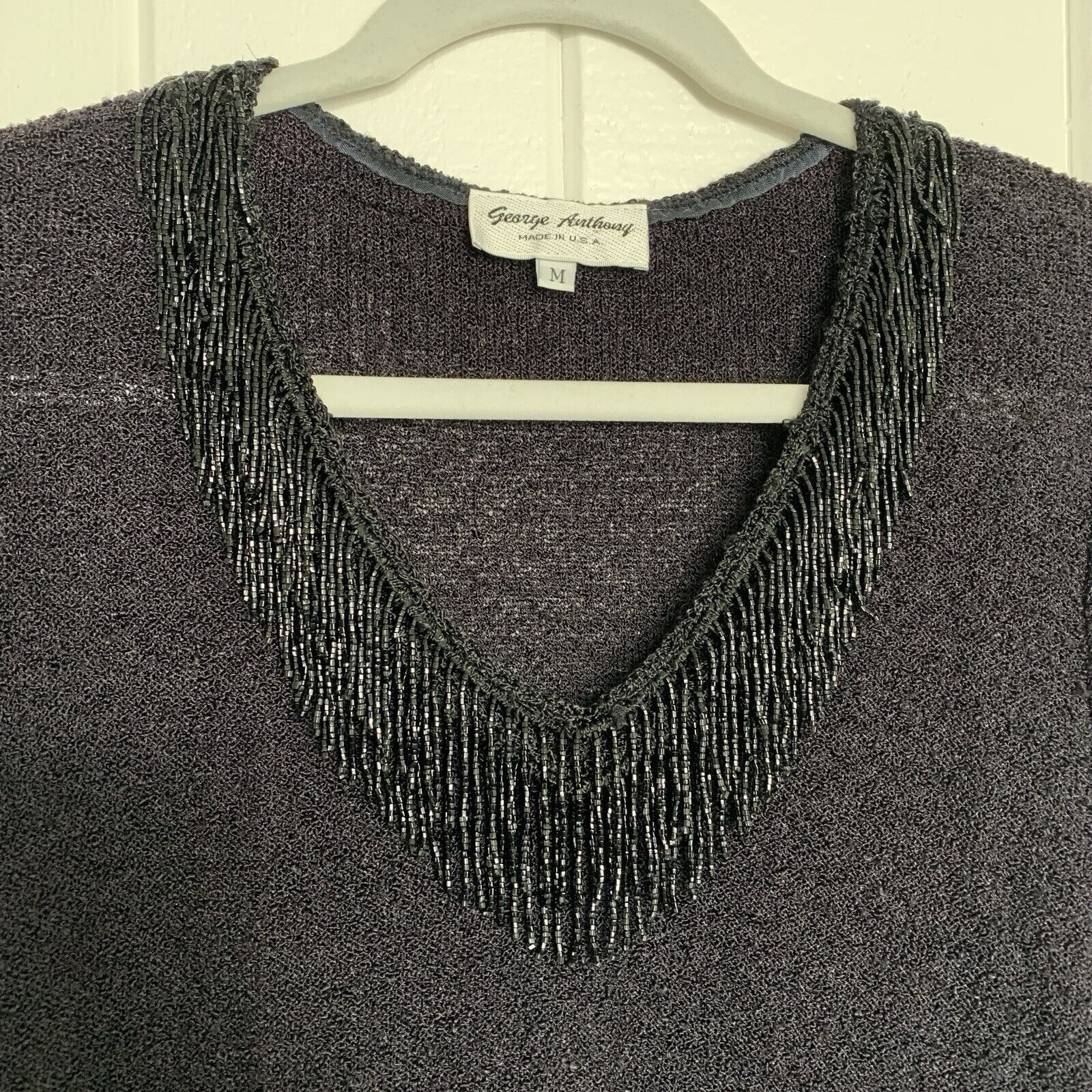 Vtg Womens Beaded Fringe V Neck Sweater Medium Blue Black Boucle Knit Western