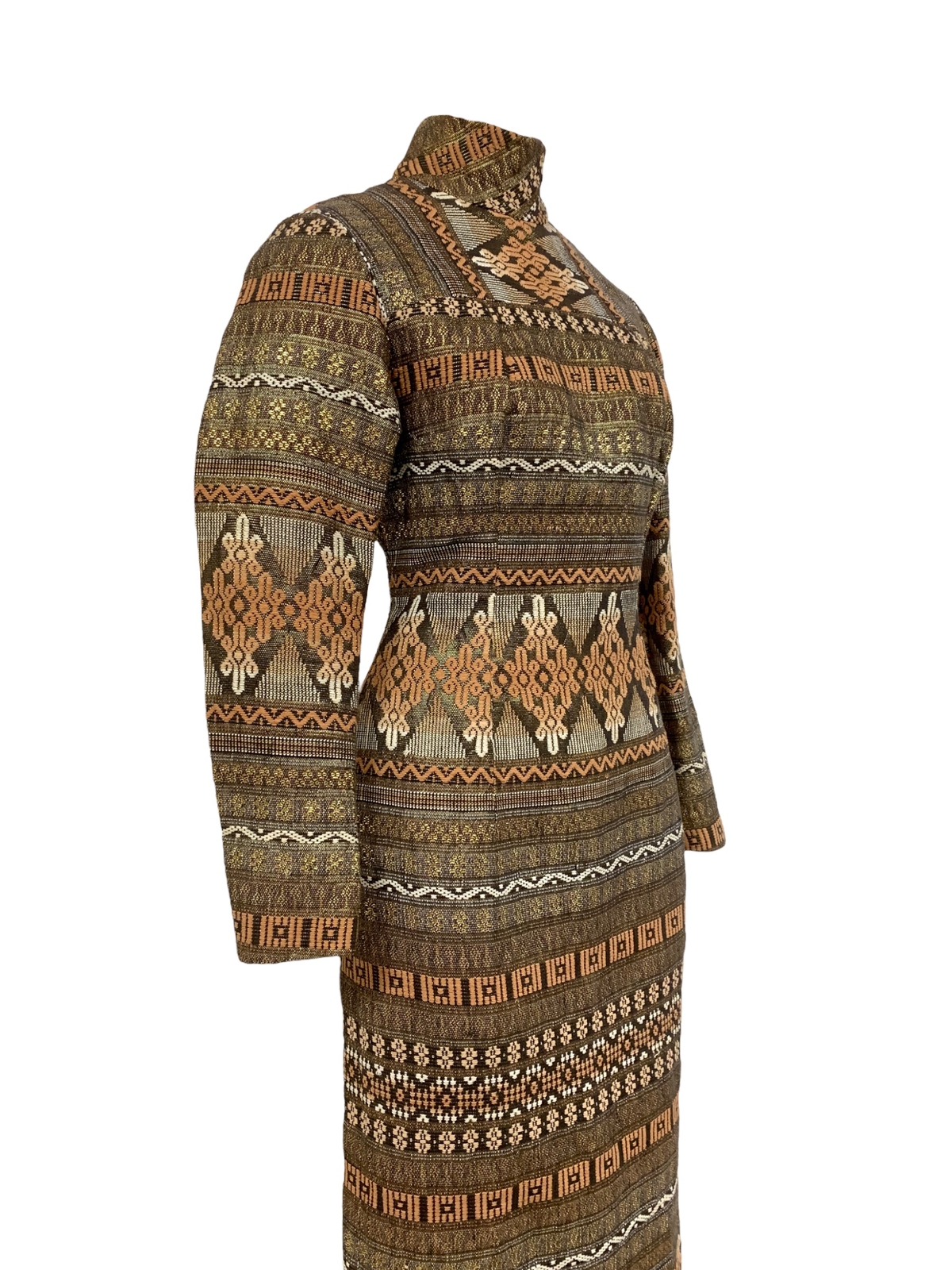 Vtg Vintage 1970s 70s Woven Metallic Geometric Textile Ethnic French Lady Dress