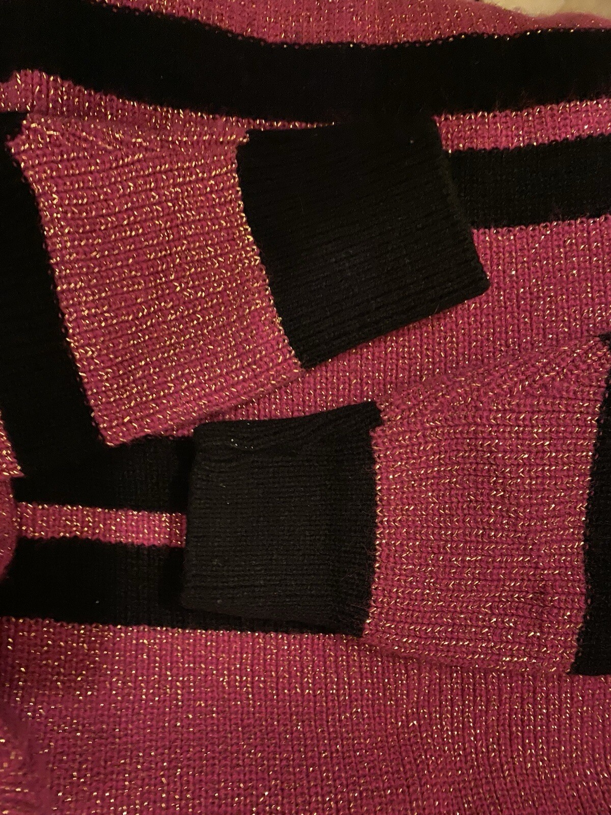 Vtg 80s Women Sweater Mademoiselle Med Hot Pink Black Stripes Gold Threading