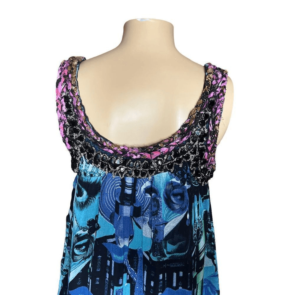 Custo Barcelona Silk Blend Beaded Tunic Dress Abstract Print Blue Size 36 XS (08