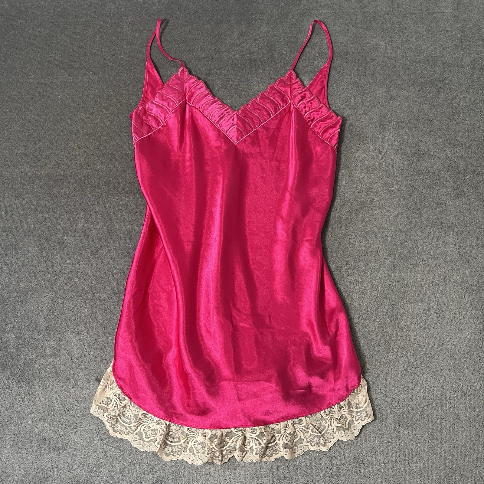 Vintage Magenta Hot Pink Satin Feel Slip Dress with Embroidered Details Sz L