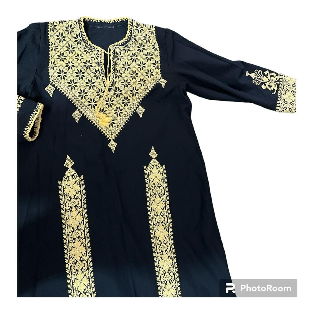 Vintage Women Traditional Embroidery Thob Palestine Hand Made Dress Black Silk