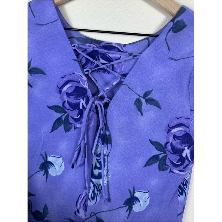 Vintage LISA JO Women Large Purple Floral Coquette Cap-Sleeve Short Dress