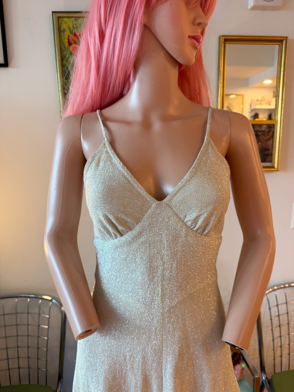 🪩 Vtg 70s Jody Silver Lurex Disco Dress Metallic Knit Asymmetrical Hem S M