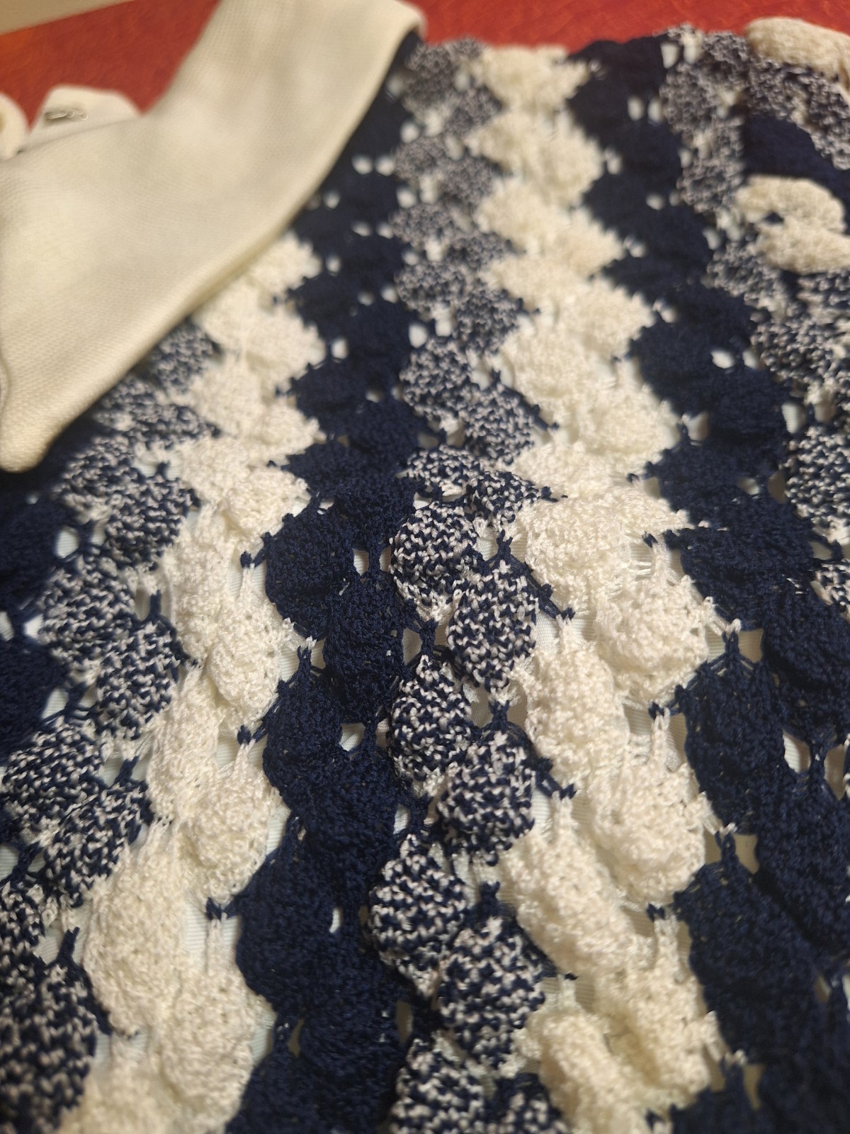 True VTG Mid-century Mod 1960s 1970s Hi Neck Polyester Crochet Maxi Dress S/M