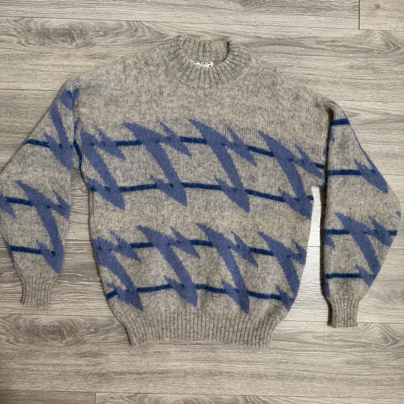Les-Knit Ltd Vintage 80s 100% Pure Wool Sweater L Blue Oatmeal Icelandic Nordic