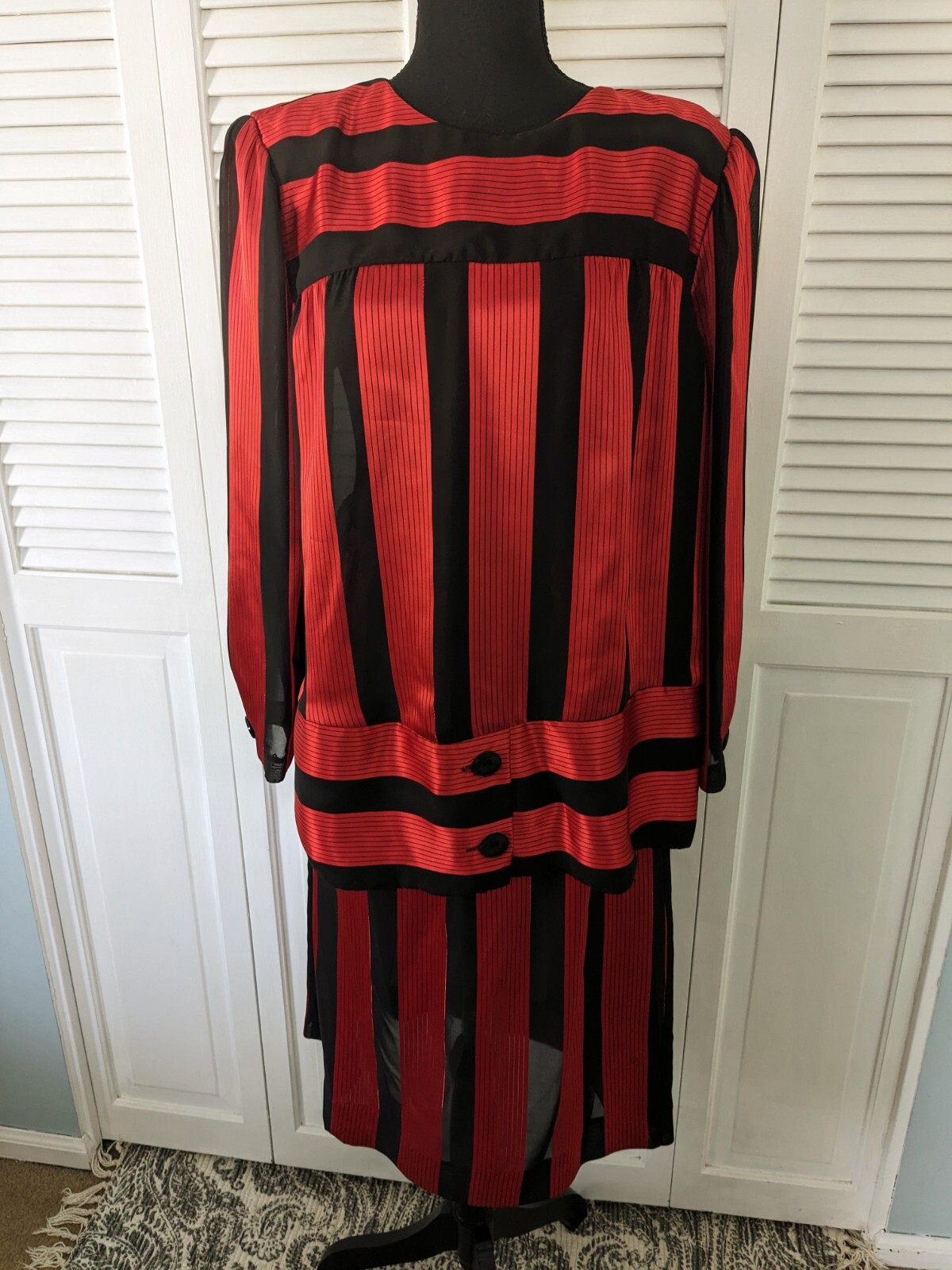 Lorac Original Dress Women’s L/XL Vtg 80s Red Black Stripe Drop Waist Nostalgic