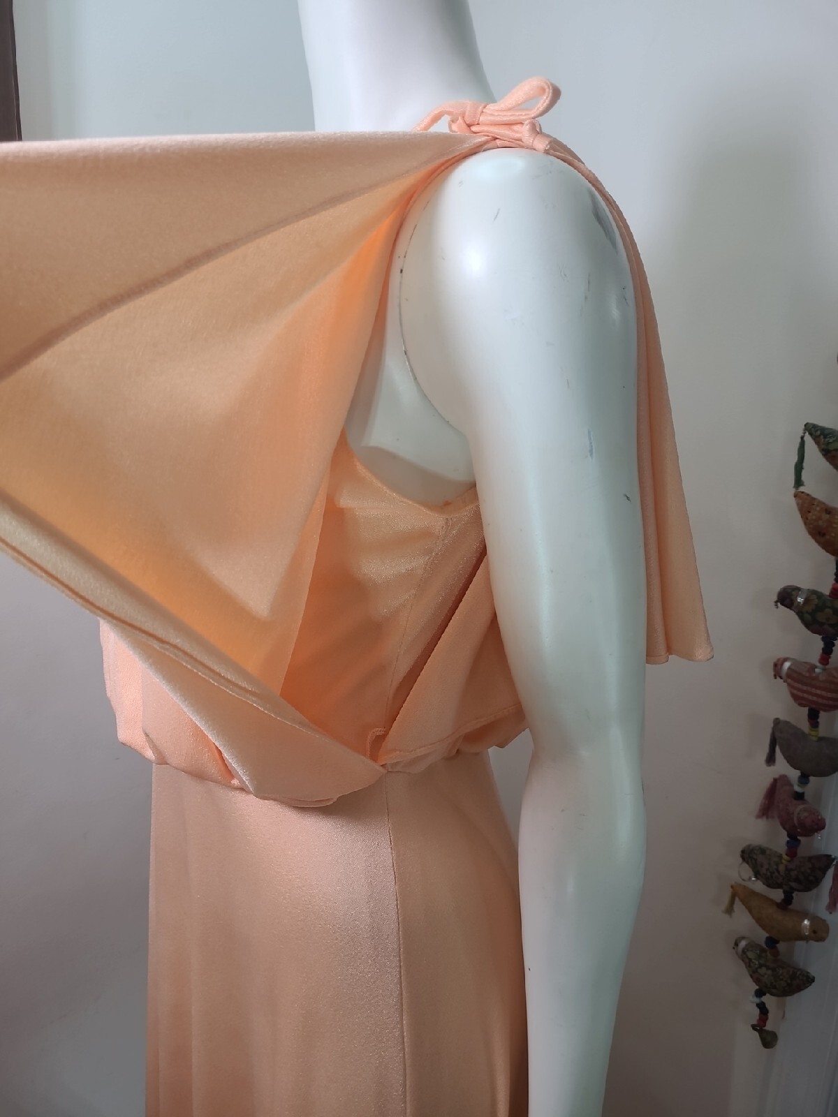 Vintage 70s Grecian Maxi Dress Womens 11/12 Draped Apricot Peach Cottage EASTER
