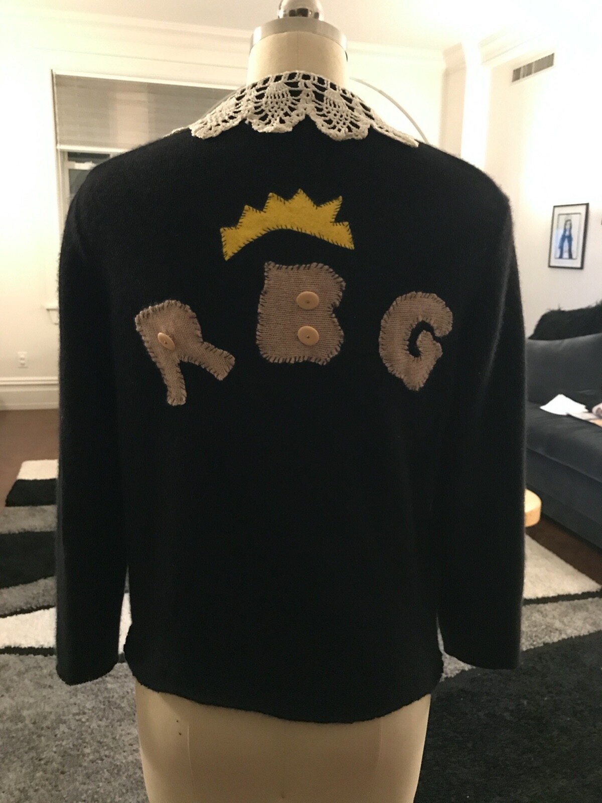 Upcycled Vintage Black Cashmere Ruth Bader Ginsburg RBG Tribute Sweater/Cardigan