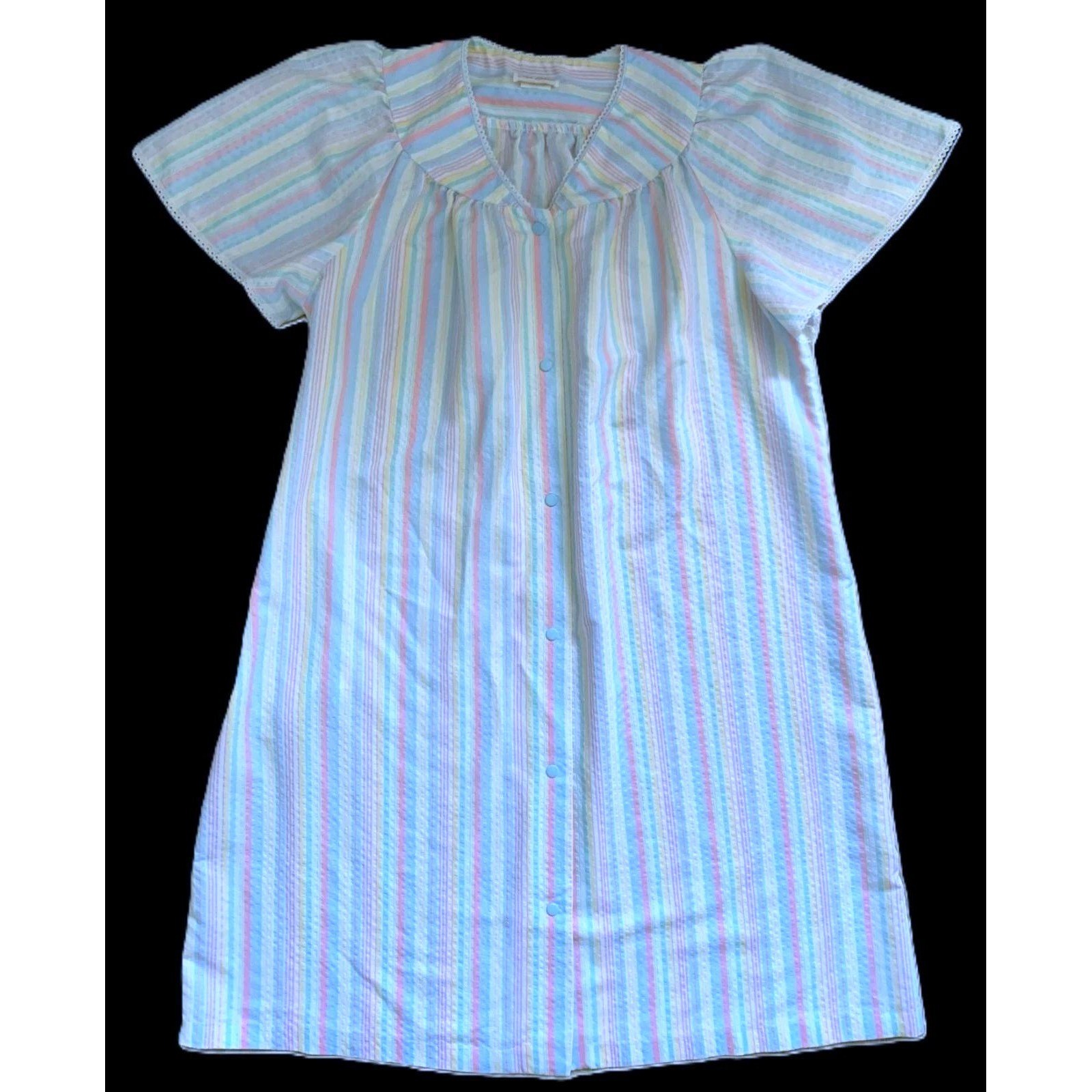 Pastel Stripe SEERSUCKER SNAP-FRONT LOUNGER Dan-Ellen Housecoat Dress 38 Vtg 70s