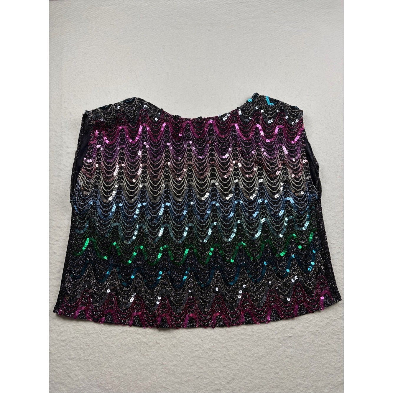 VTG 80s Avon Fashions Rainbow Sequin Disco Crop Top Blouse Lurex Glitter L
