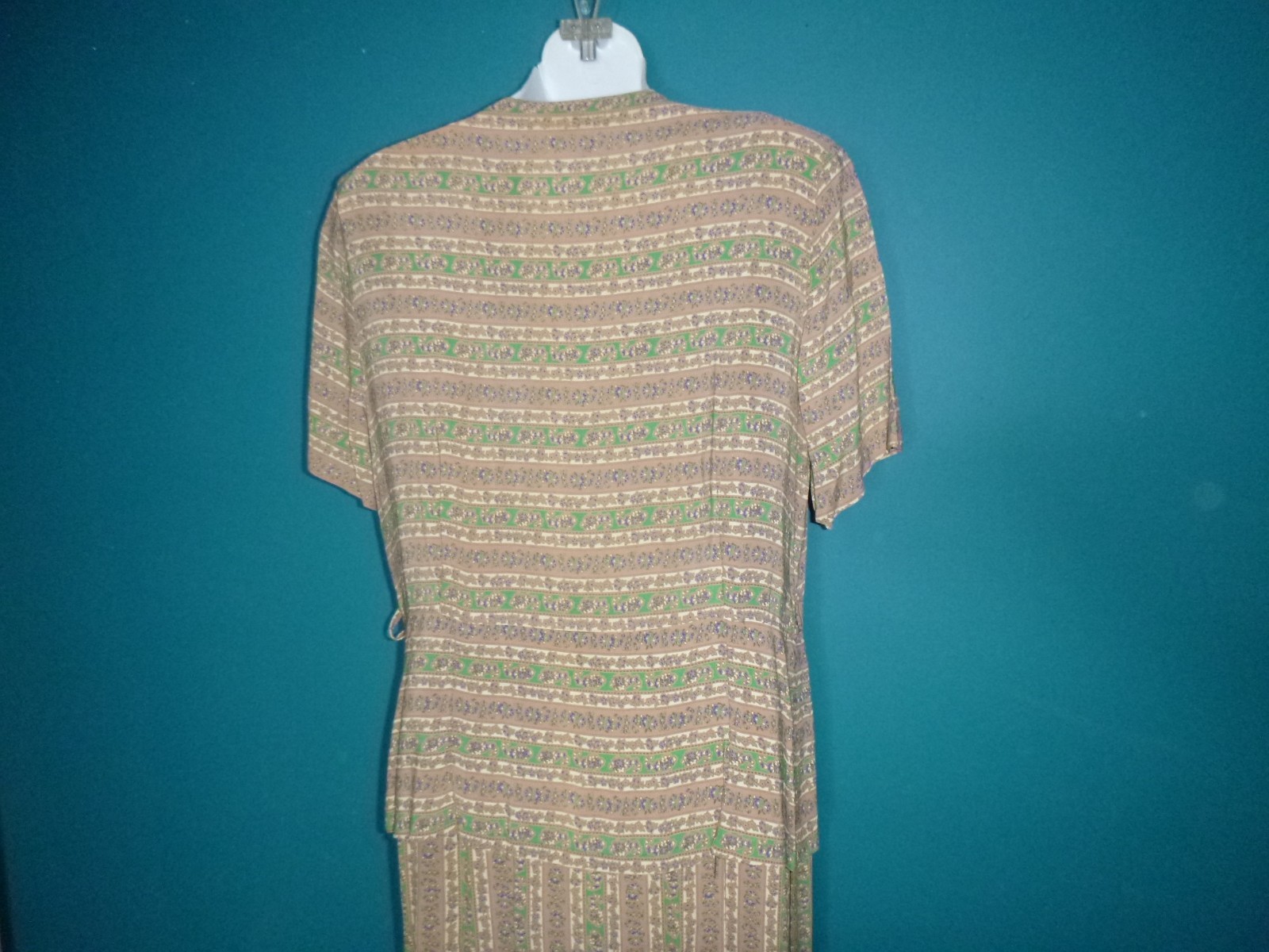 Vtg 40s 50s Rayon Dress Green Tan Blue Floral Stripes W/ Peplum VOLUP Sz XL
