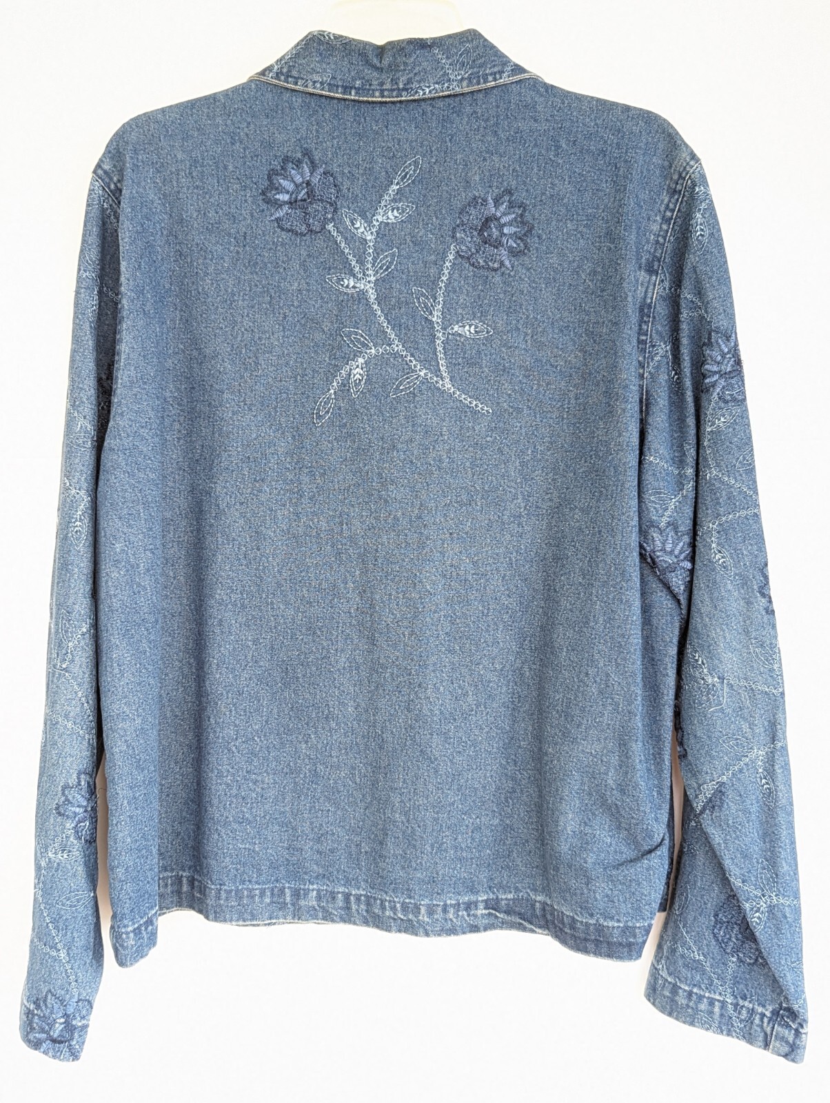 Vtg Sara Studio Denim Shirt Purple Buttons Floral Stitch Embroidered XL Womens