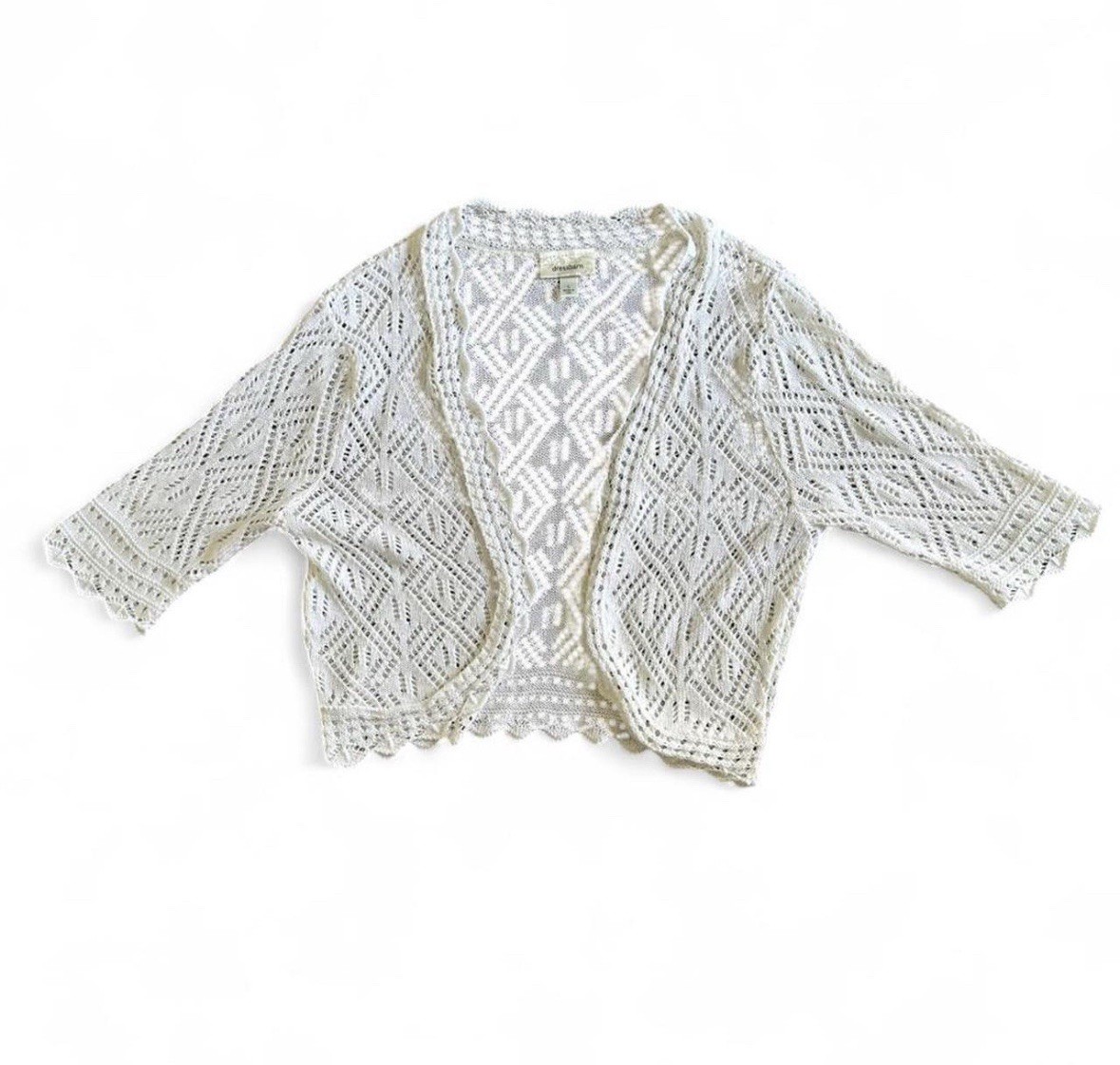 Vintage 2003 Dress Barn Crochet Shrug Women L White USA Cottagecore Cardigan