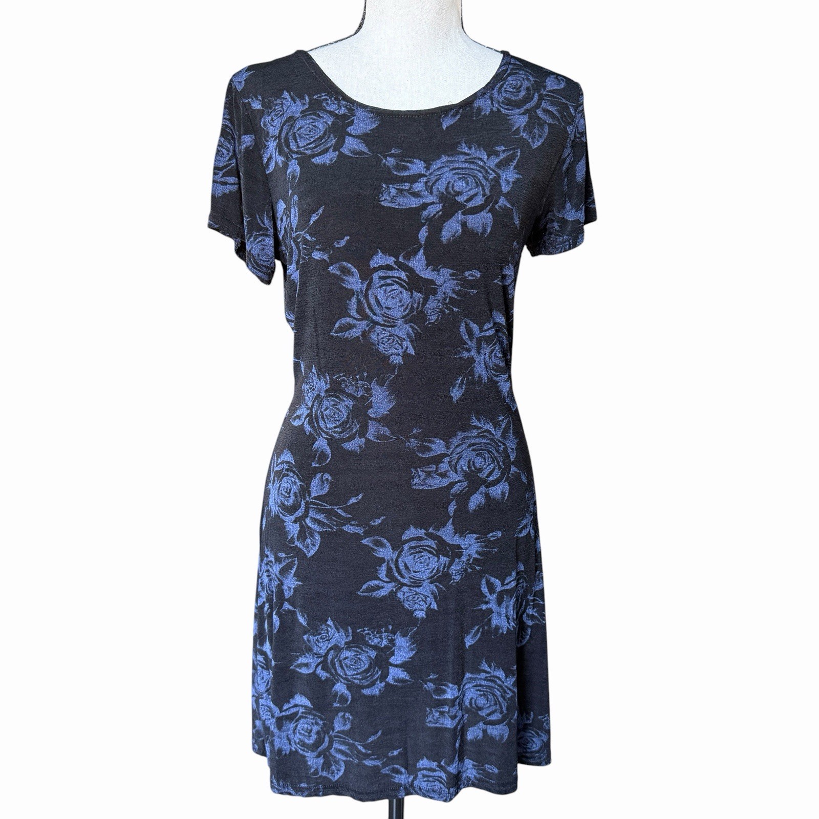VTG 90s Joule Black Blue Rose Floral Stretch Mini Dress Whimsigoth Fairy Grunge