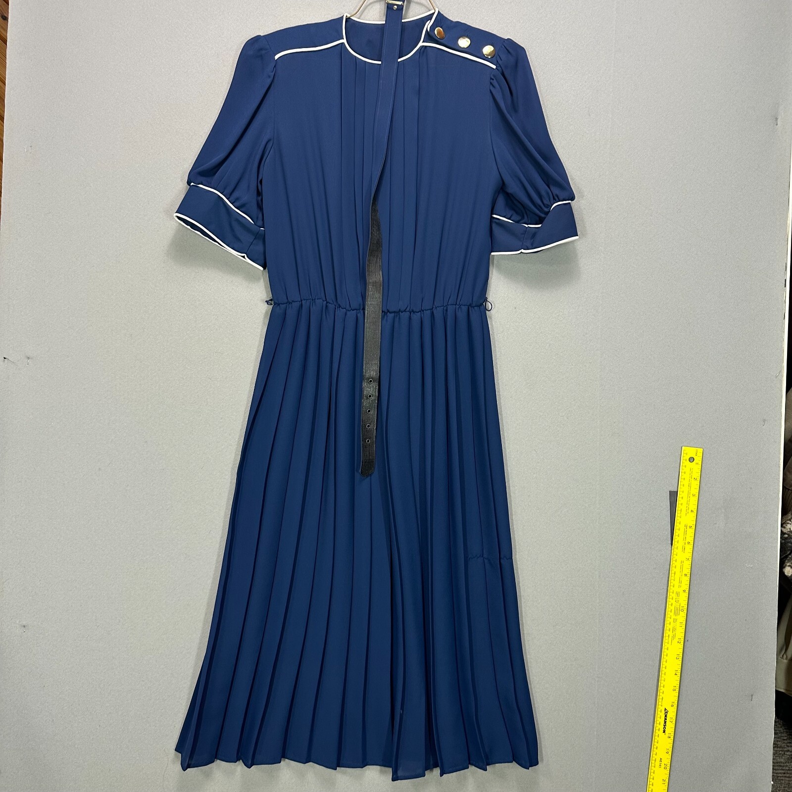 Vintage 70s 80s Navy Blue Dress Size 6 Sailor Pleated Short Sleeve Puff Belted