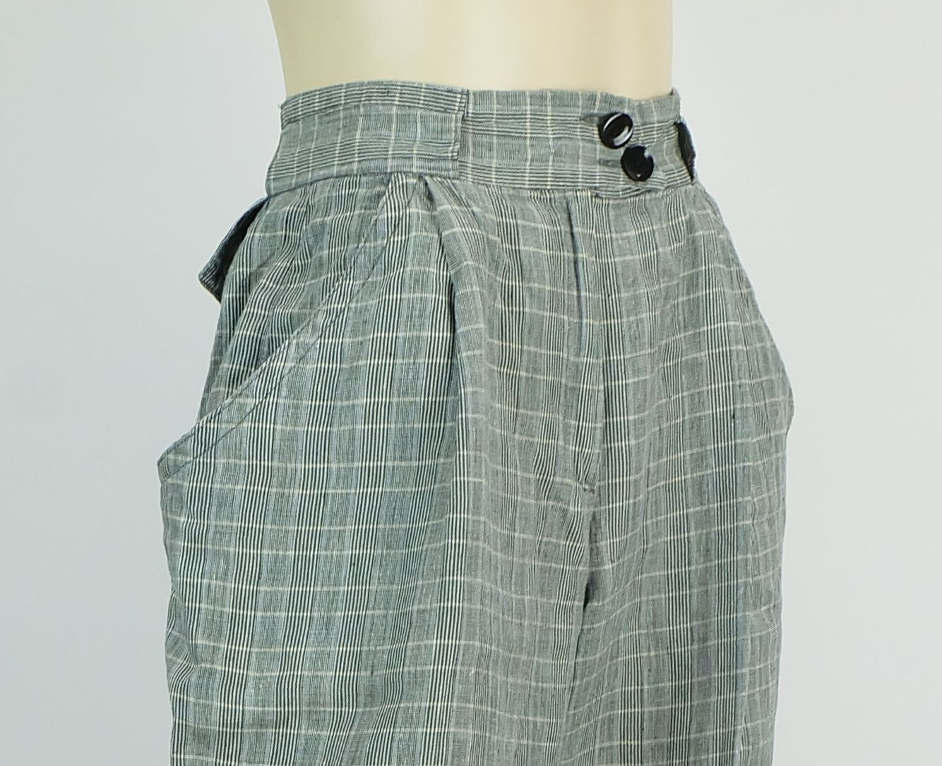 Vintage 1980s Linen Pants RENE LEZARD Plaid Cuffed Wide Leg Pants 38/40
