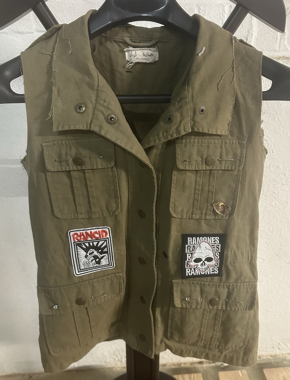Ramones Rancid Khaki Utility Vest Patches Safety Pins Added Punk Clothes