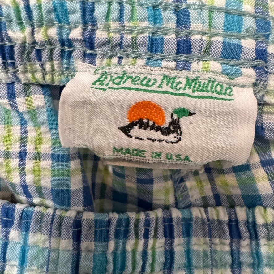 Andrew McMullan Vintage Blue Green Plaid Seersucker Elastic 8P Pants USA Made