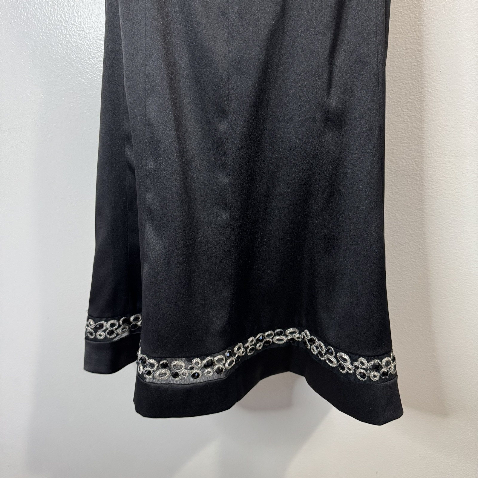 Vintage 90s Y2K Jones Wear Dress 8 Black Satin Swing Beaded Square Neck Cocktail