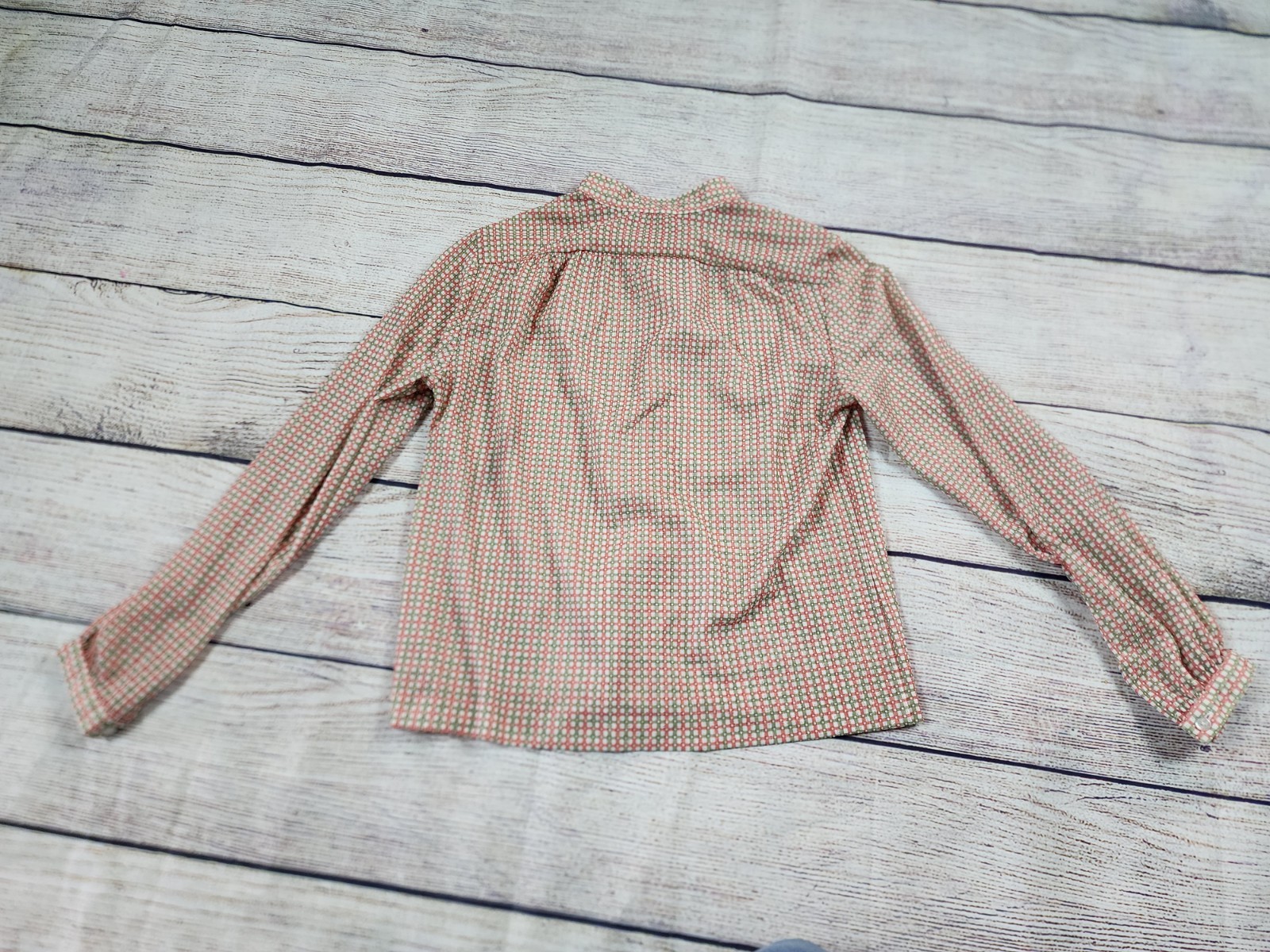 VTG 70s Sears Knit Boutique Large Green Pink Checkered Button Up Shirt Prairie