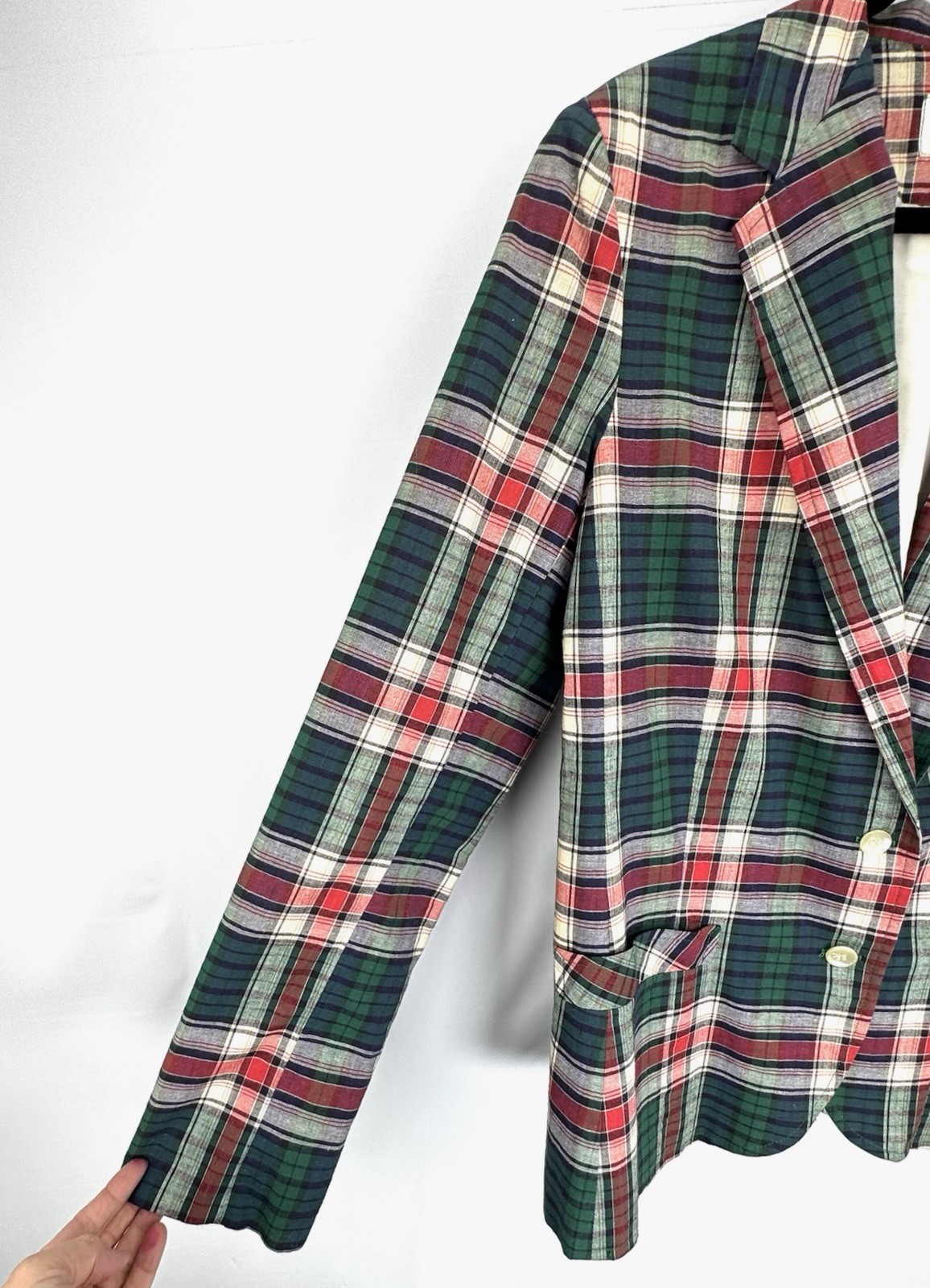 Vintage 70s 80s Blazer Jacket Green Red Plaid Tartan Cotton 15/16 Medium Pockets