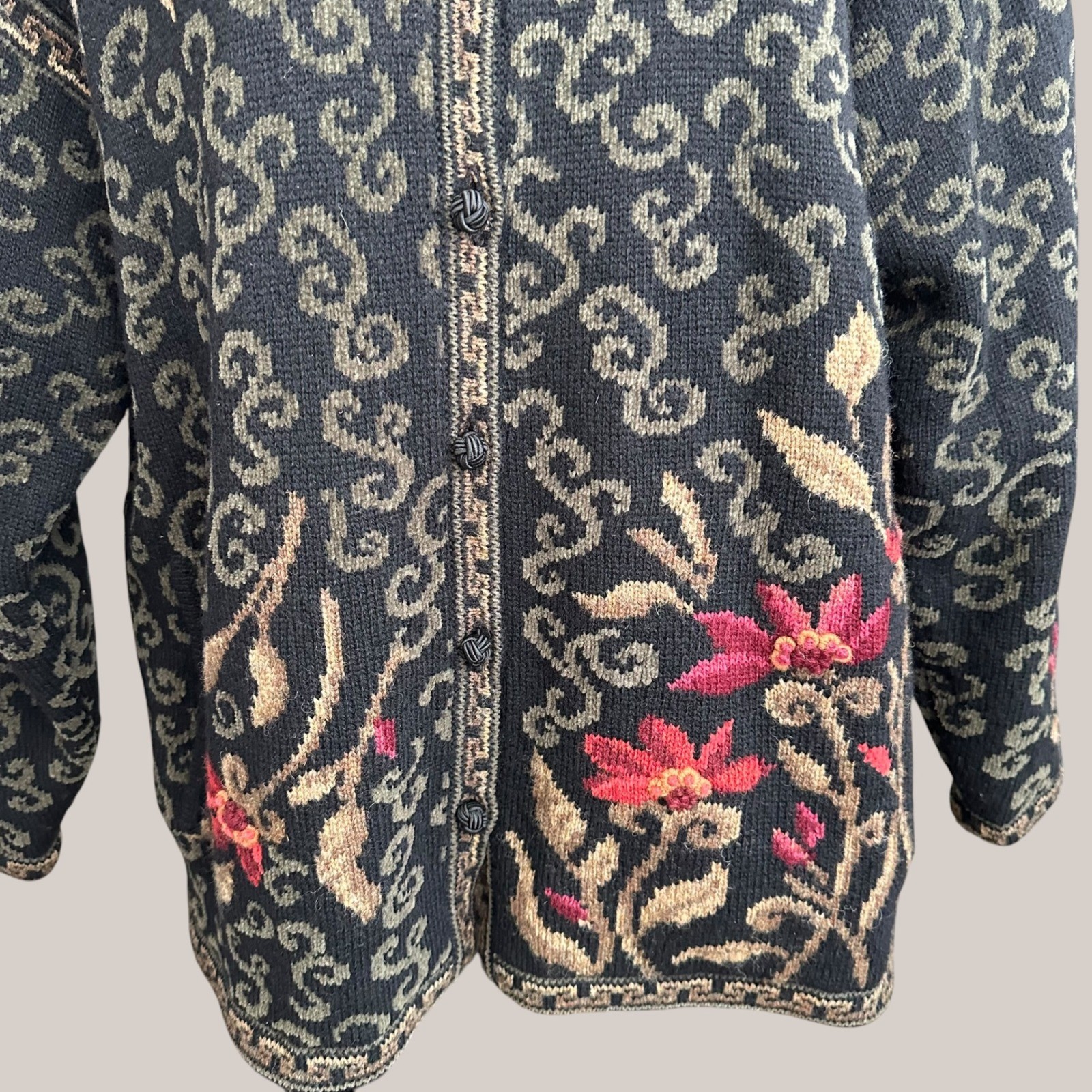 Icelandic Vintage 3D Chunky Fair Isle Knit Floral Embroidered Sweater XL