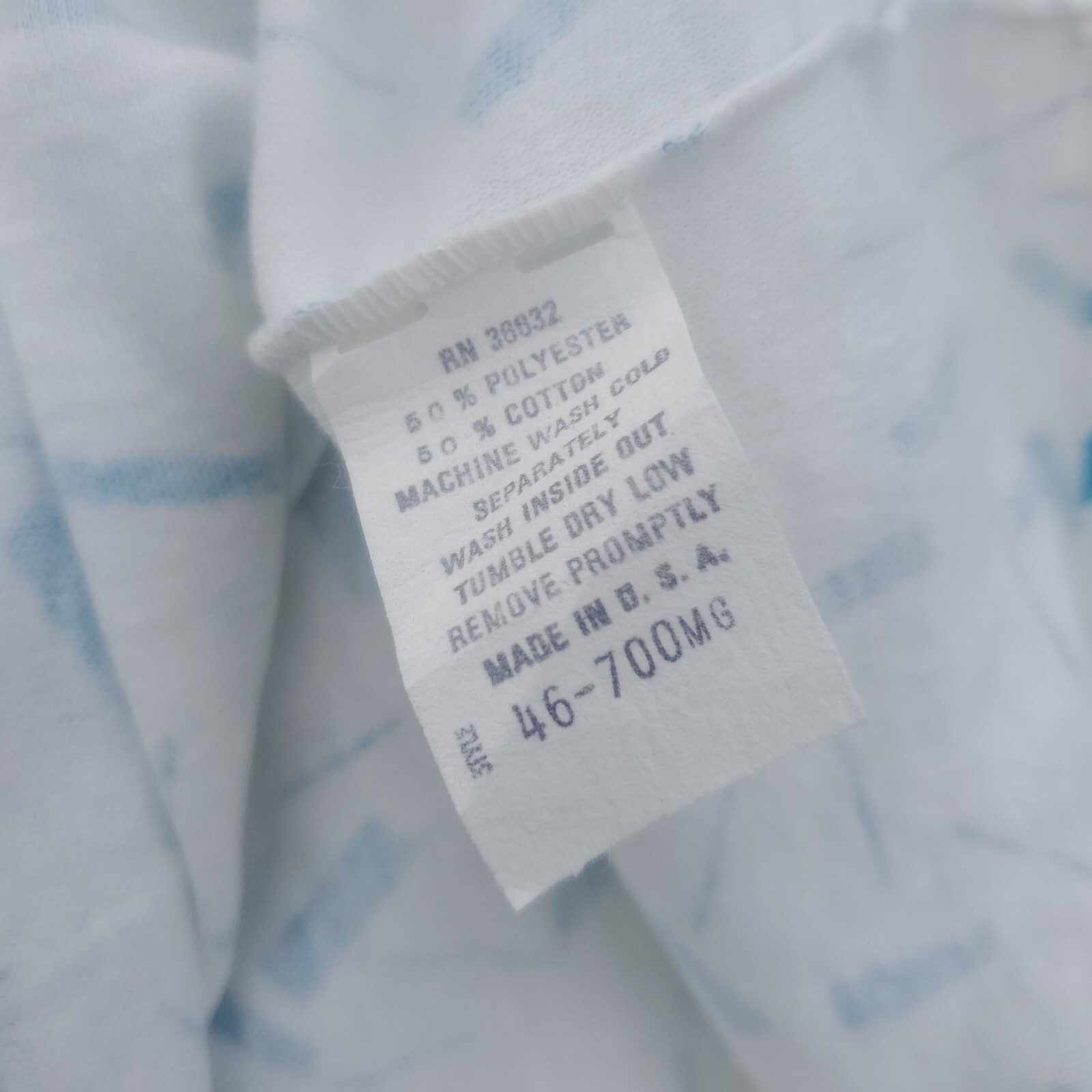Vintage 1980’s 50/50 Tube Top White with Blue Print Single Stitch Made in USA