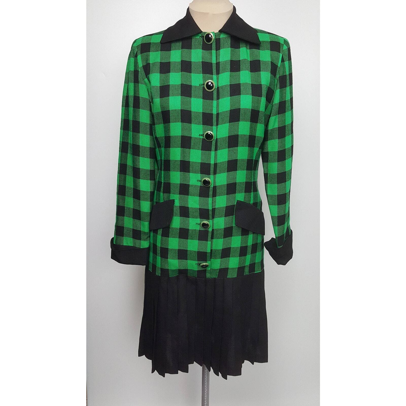 Vintage 80s dress NR1 drop-waist black green check 36″ bust career whimsygoth