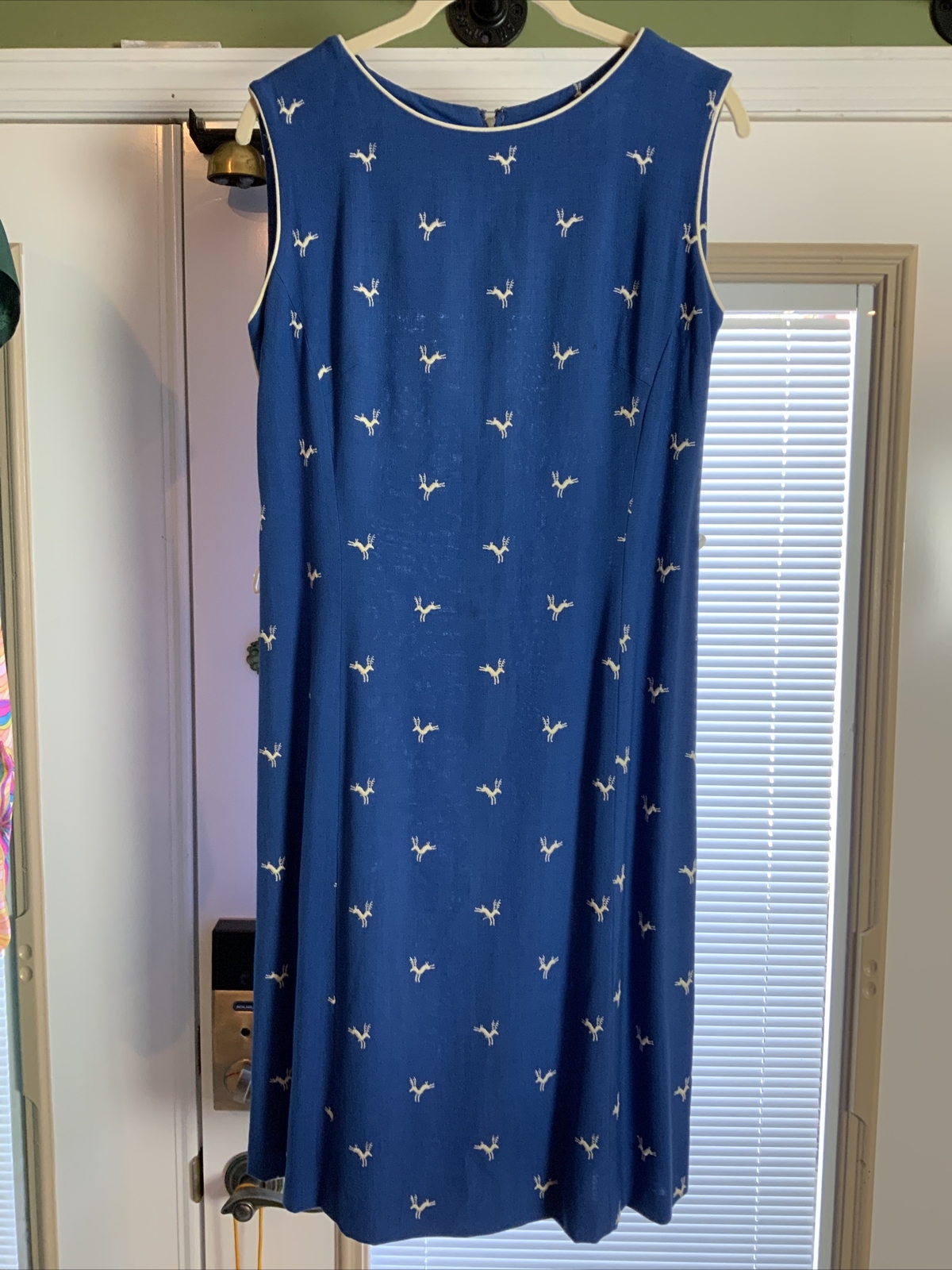 Vtg Carillon Navy Blue Sleeveless Sheath Dress Embroidered White Deer Sz 6￼