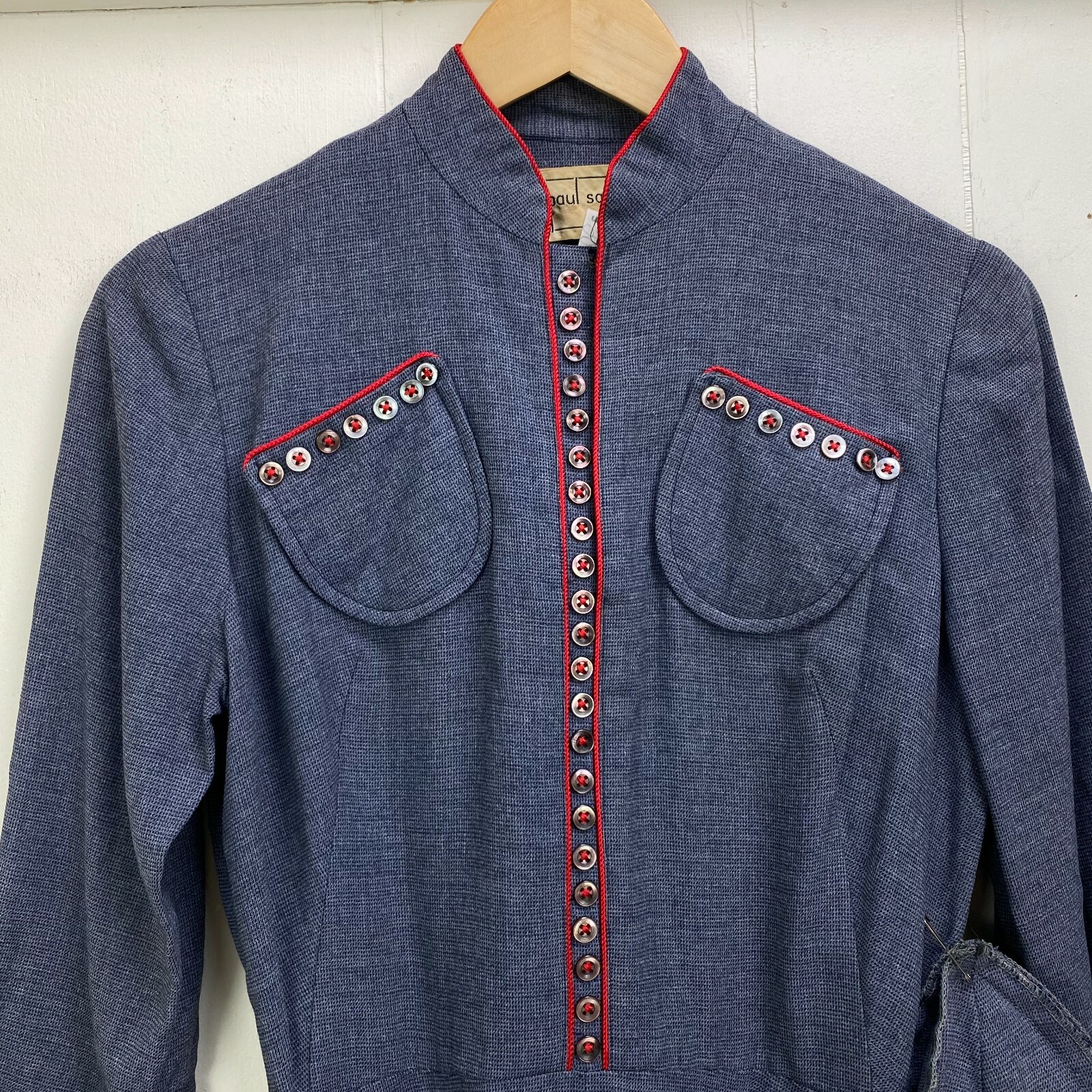 Vintage 40s 50s Paul Sachs Bluish Gray Dress w/ Red Trim Belted Pockets Size 6