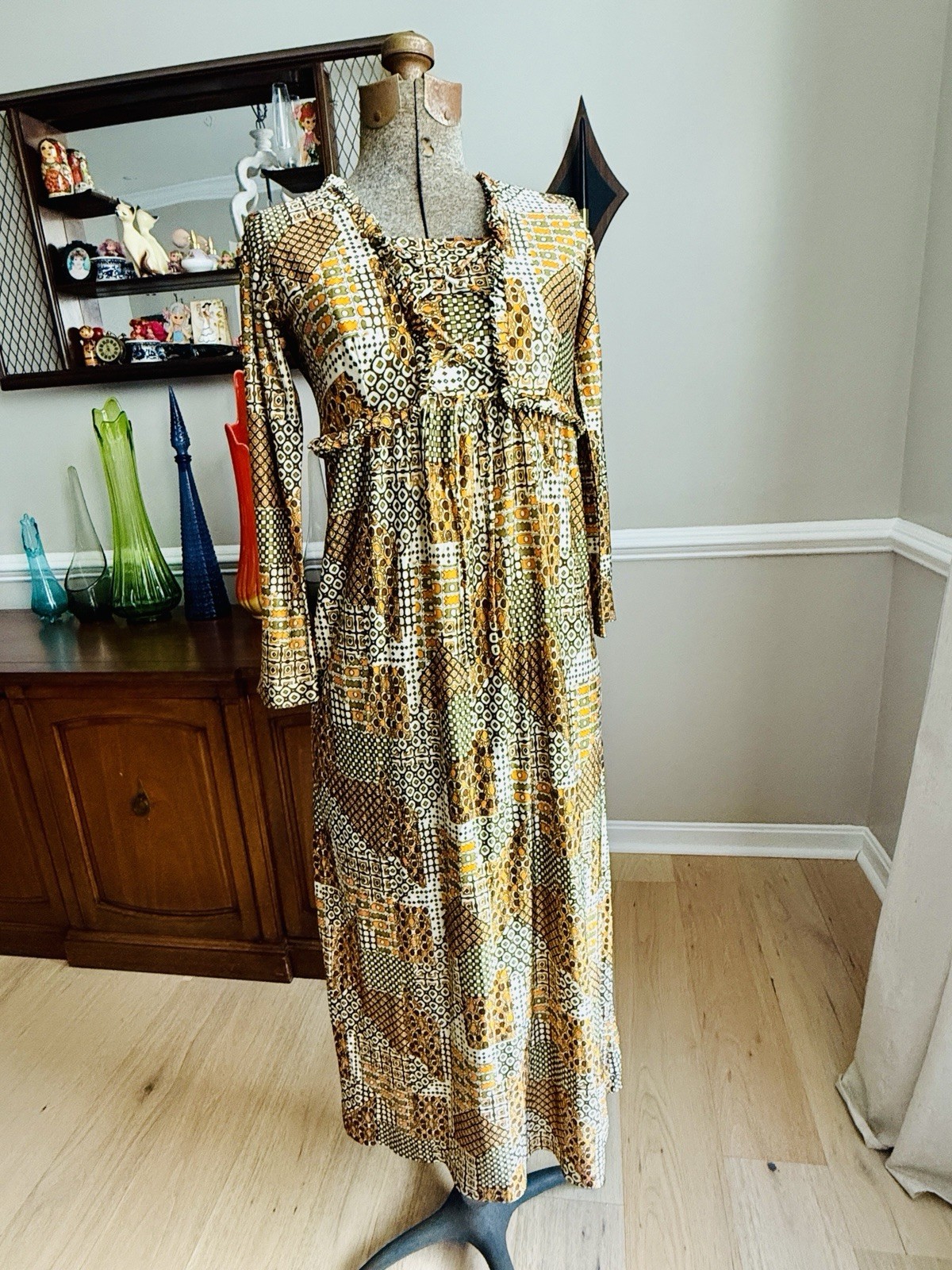 Vintage 70s Funky Print Brown And Orange Lace Up Midi Dress Size S